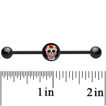 14 Gauge Black Anodized Sugar Skull Industrial Barbell 37mm