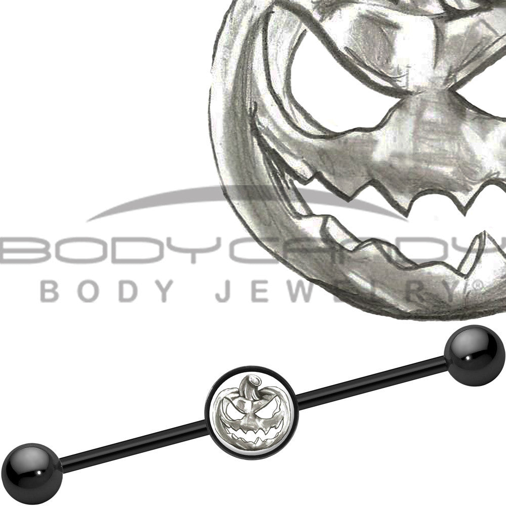 14 Gauge Black Anodized Scary Jack O Lantern Industrial Barbell 37mm