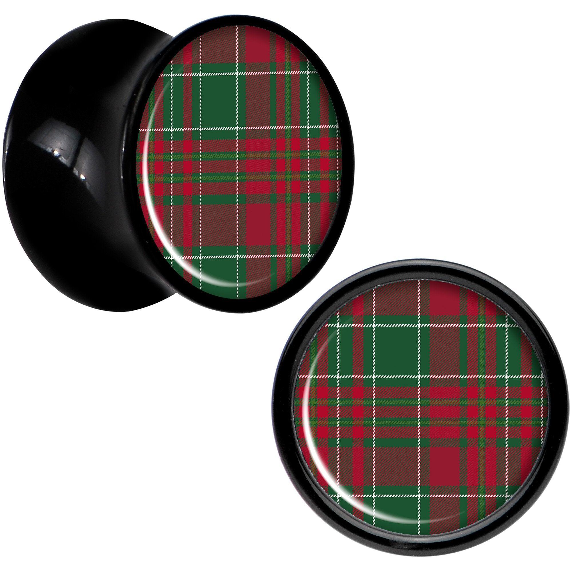 Christmas Red Green Plaid Black Acrylic Saddle Plug Set Sizes 5mm to 20mm