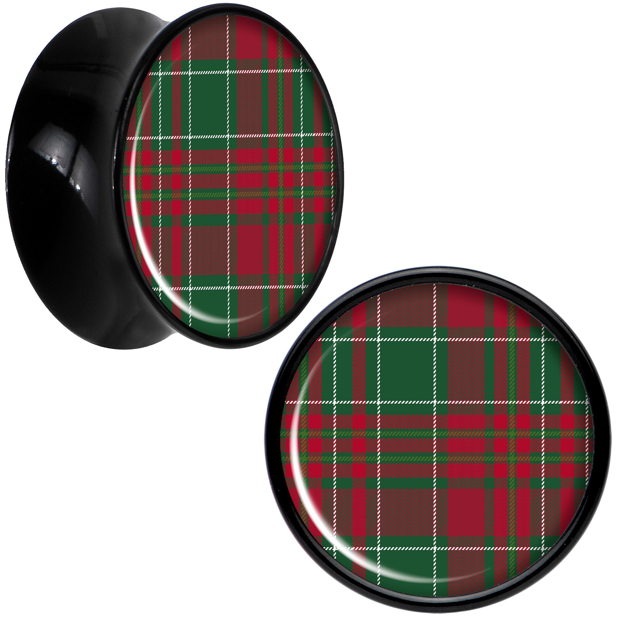 Christmas Red Green Plaid Black Acrylic Saddle Plug Set Sizes 5mm to 20mm