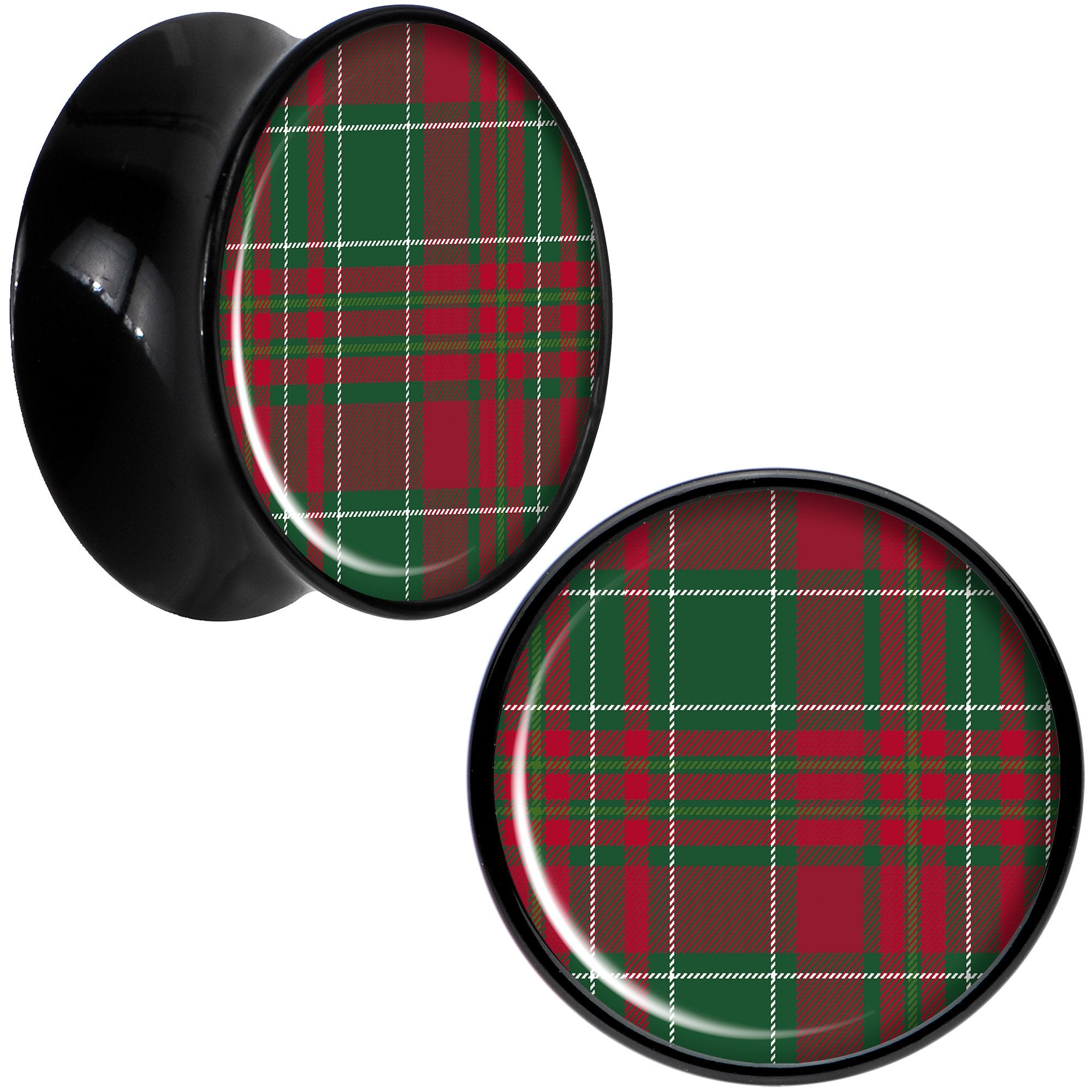 Christmas Red Green Plaid Black Acrylic Saddle Plug Set Sizes 5mm to 20mm