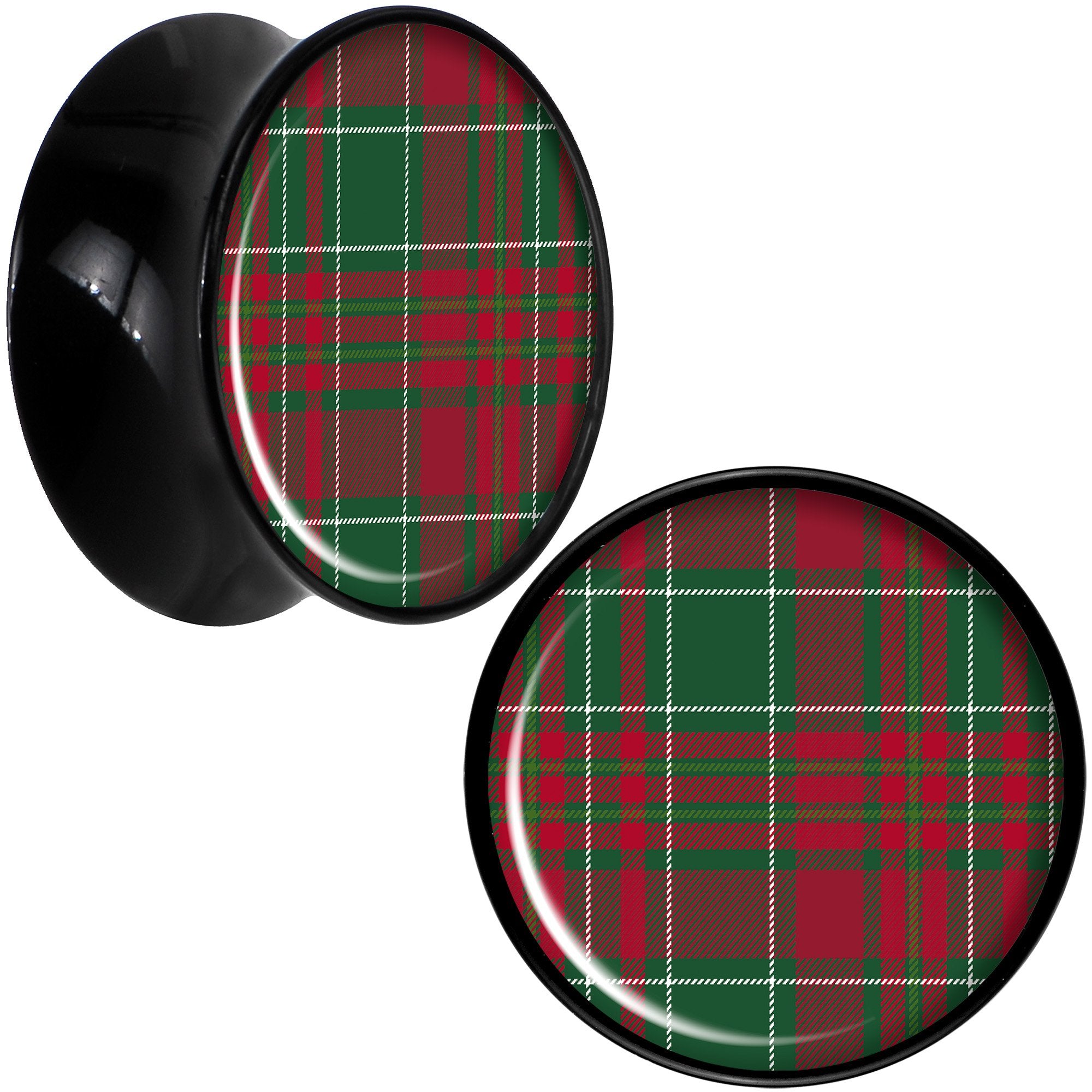 Christmas Red Green Plaid Black Acrylic Saddle Plug Set Sizes 5mm to 20mm