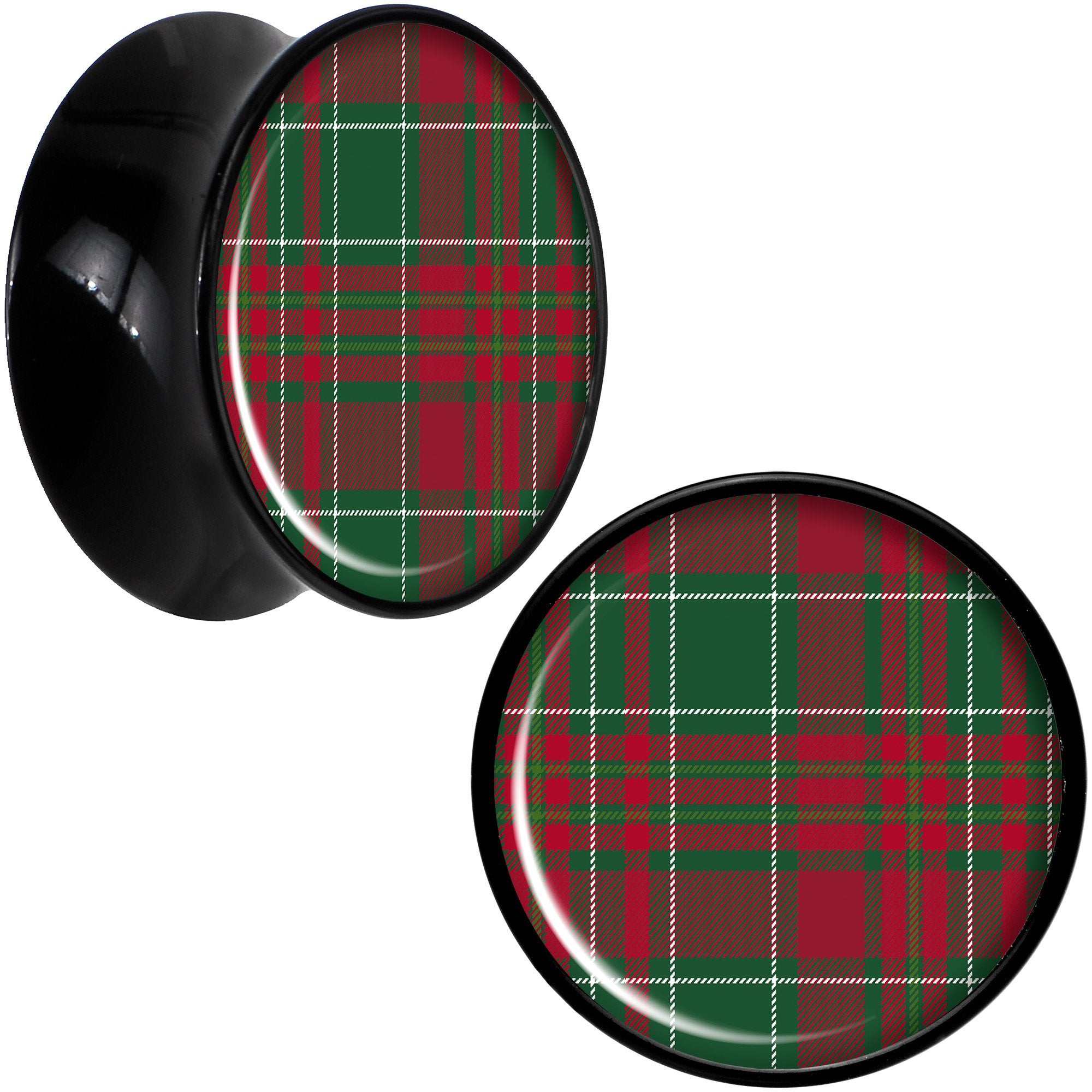 Christmas Red Green Plaid Black Acrylic Saddle Plug Set Sizes 5mm to 20mm