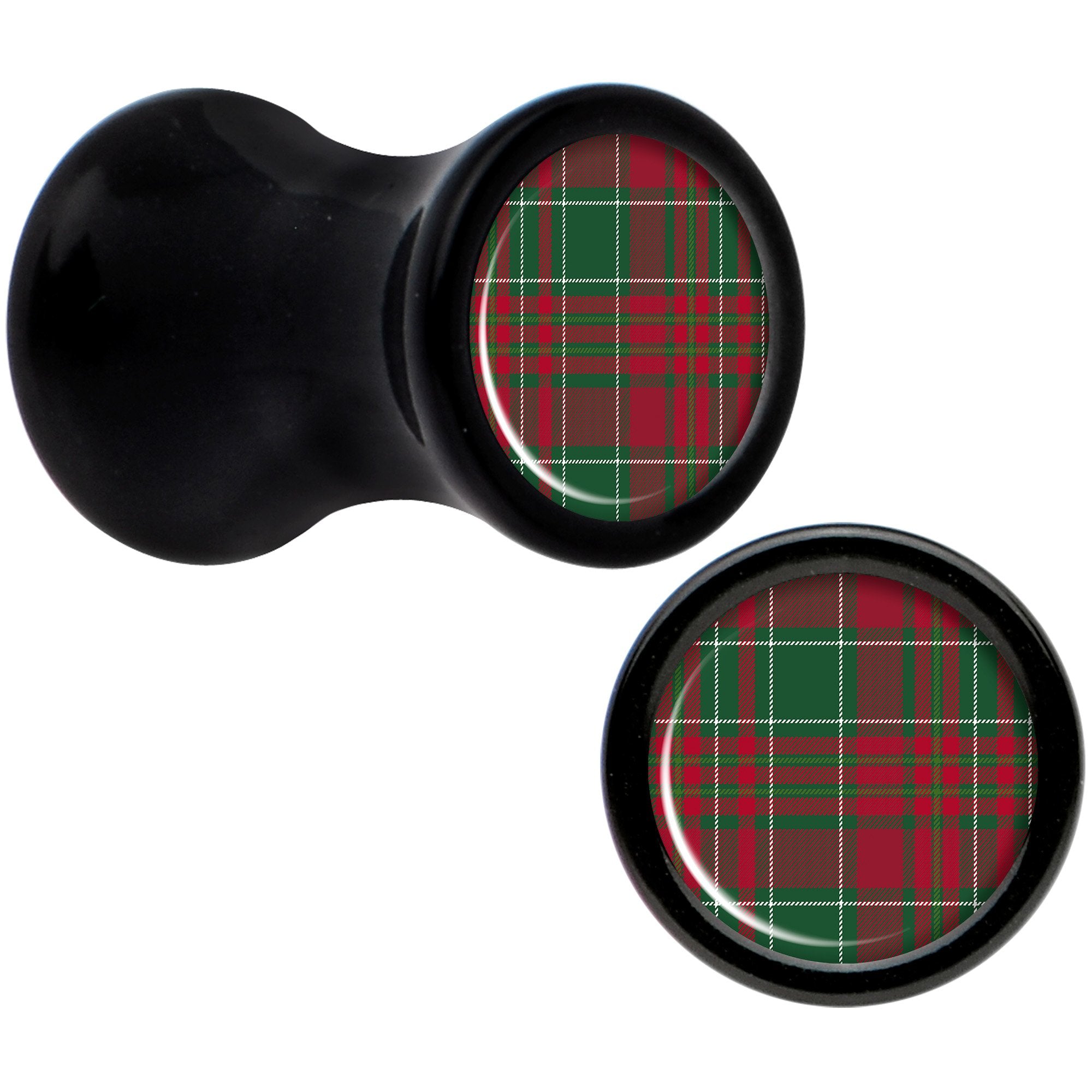 Christmas Red Green Plaid Black Acrylic Saddle Plug Set Sizes 5mm to 20mm