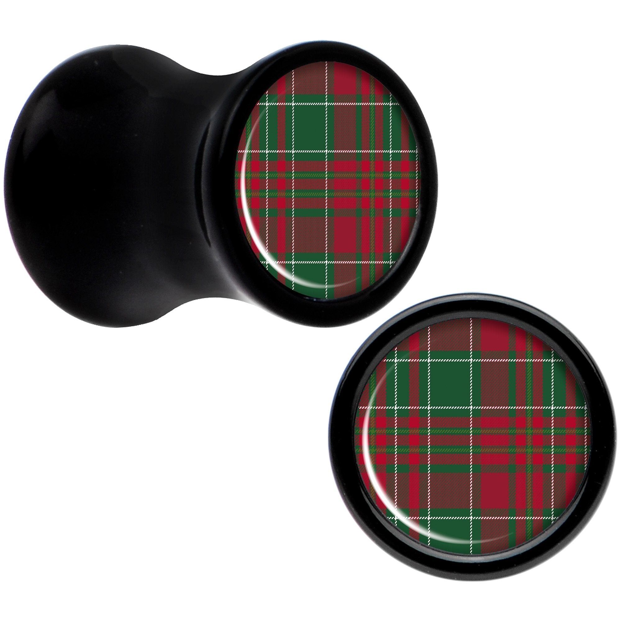 Christmas Red Green Plaid Black Acrylic Saddle Plug Set Sizes 5mm to 20mm