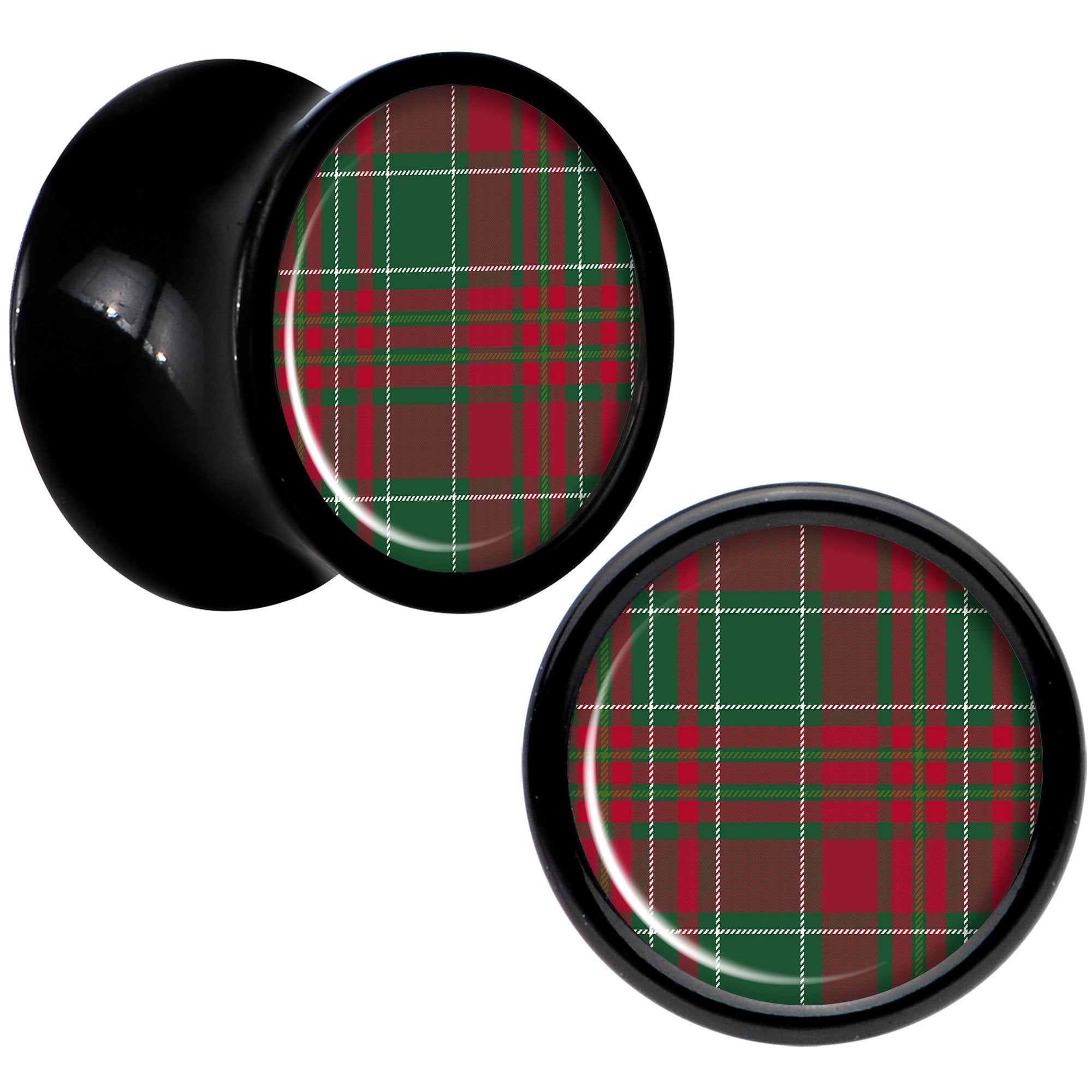 Christmas Red Green Plaid Black Acrylic Saddle Plug Set Sizes 5mm to 20mm