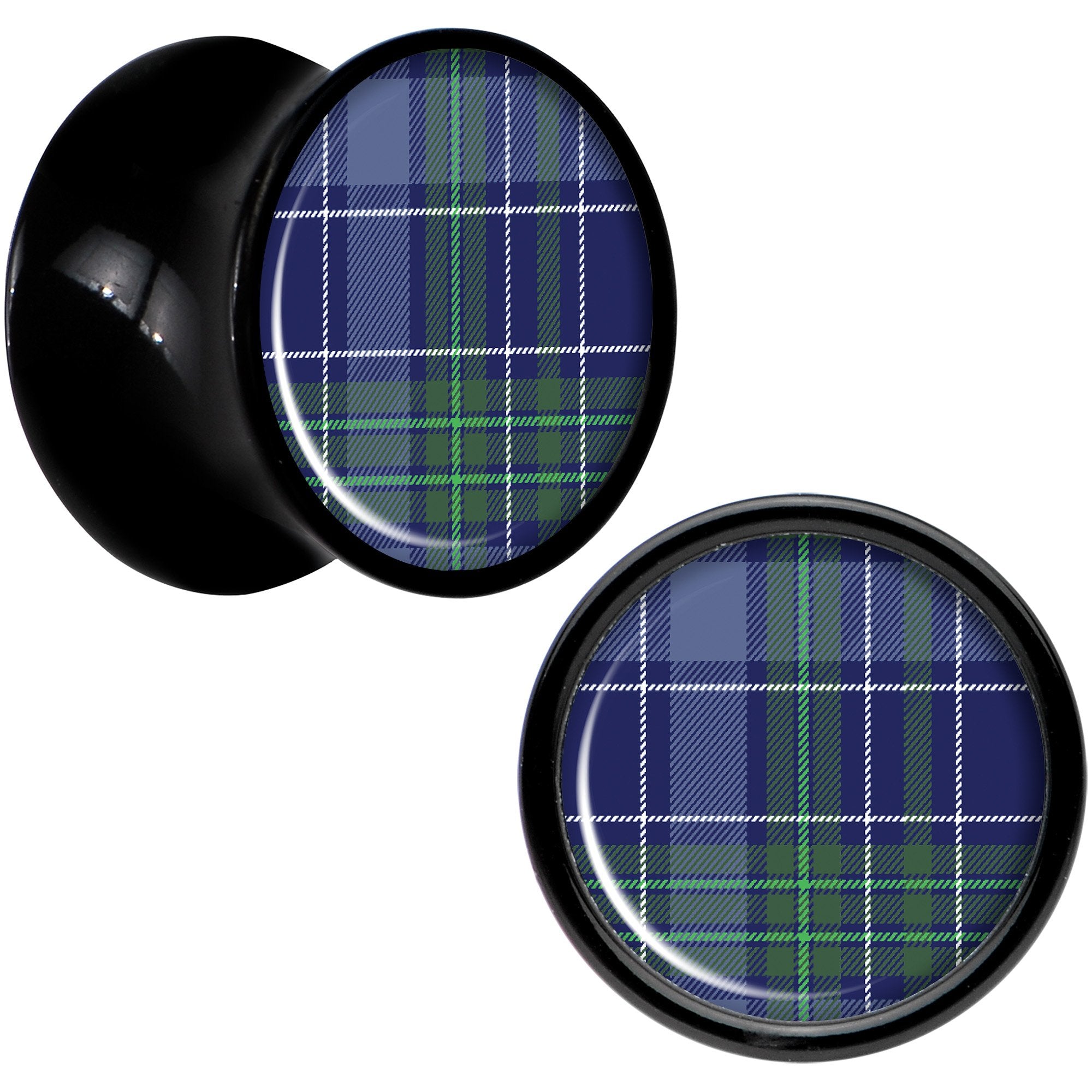 Holiday Blue Green Plaid Black Acrylic Saddle Plug Set Sizes 5mm to 20mm