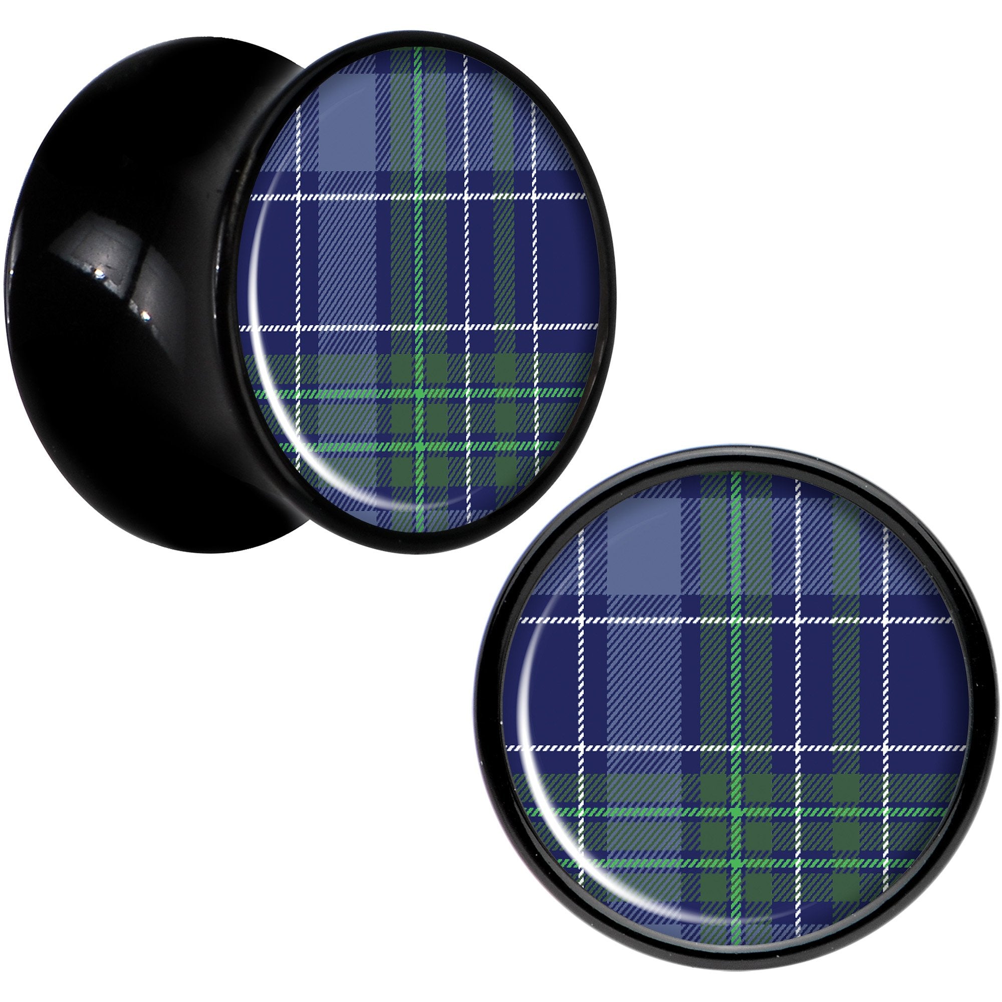 Holiday Blue Green Plaid Black Acrylic Saddle Plug Set Sizes 5mm to 20mm