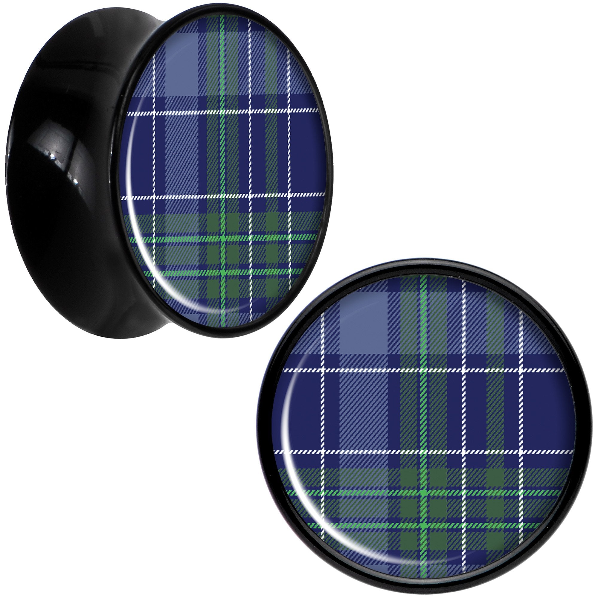 Holiday Blue Green Plaid Black Acrylic Saddle Plug Set Sizes 5mm to 20mm