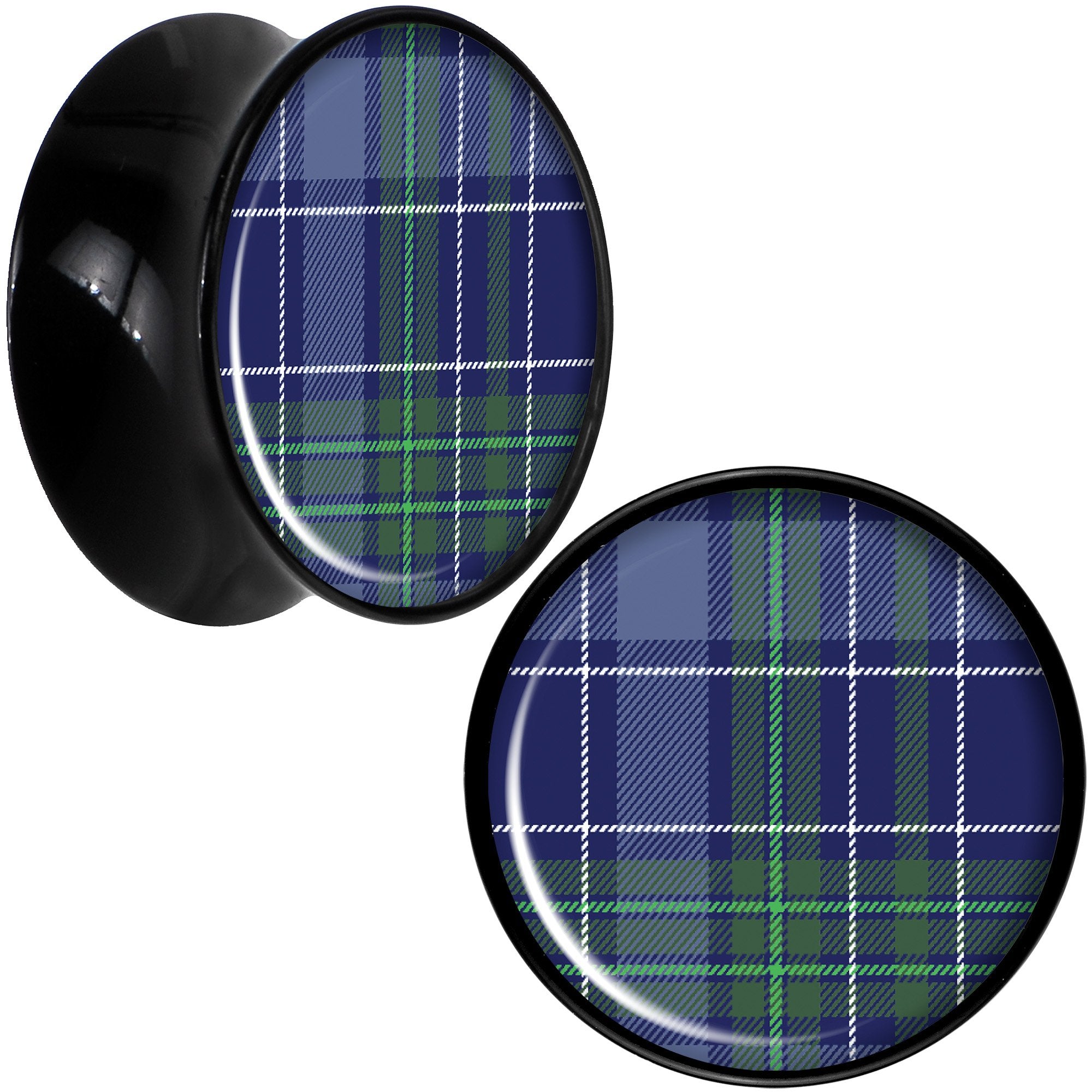 Holiday Blue Green Plaid Black Acrylic Saddle Plug Set Sizes 5mm to 20mm