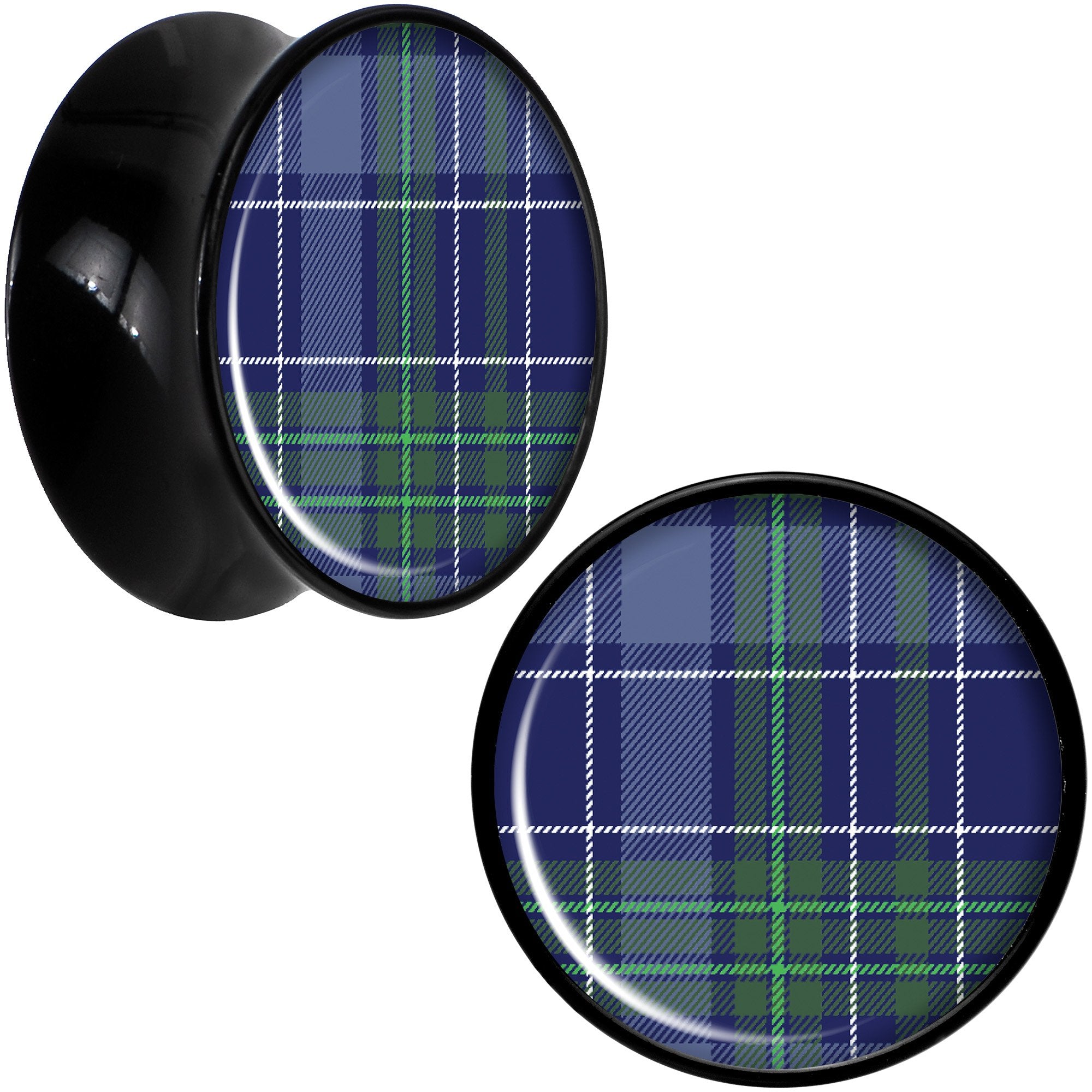 Holiday Blue Green Plaid Black Acrylic Saddle Plug Set Sizes 5mm to 20mm