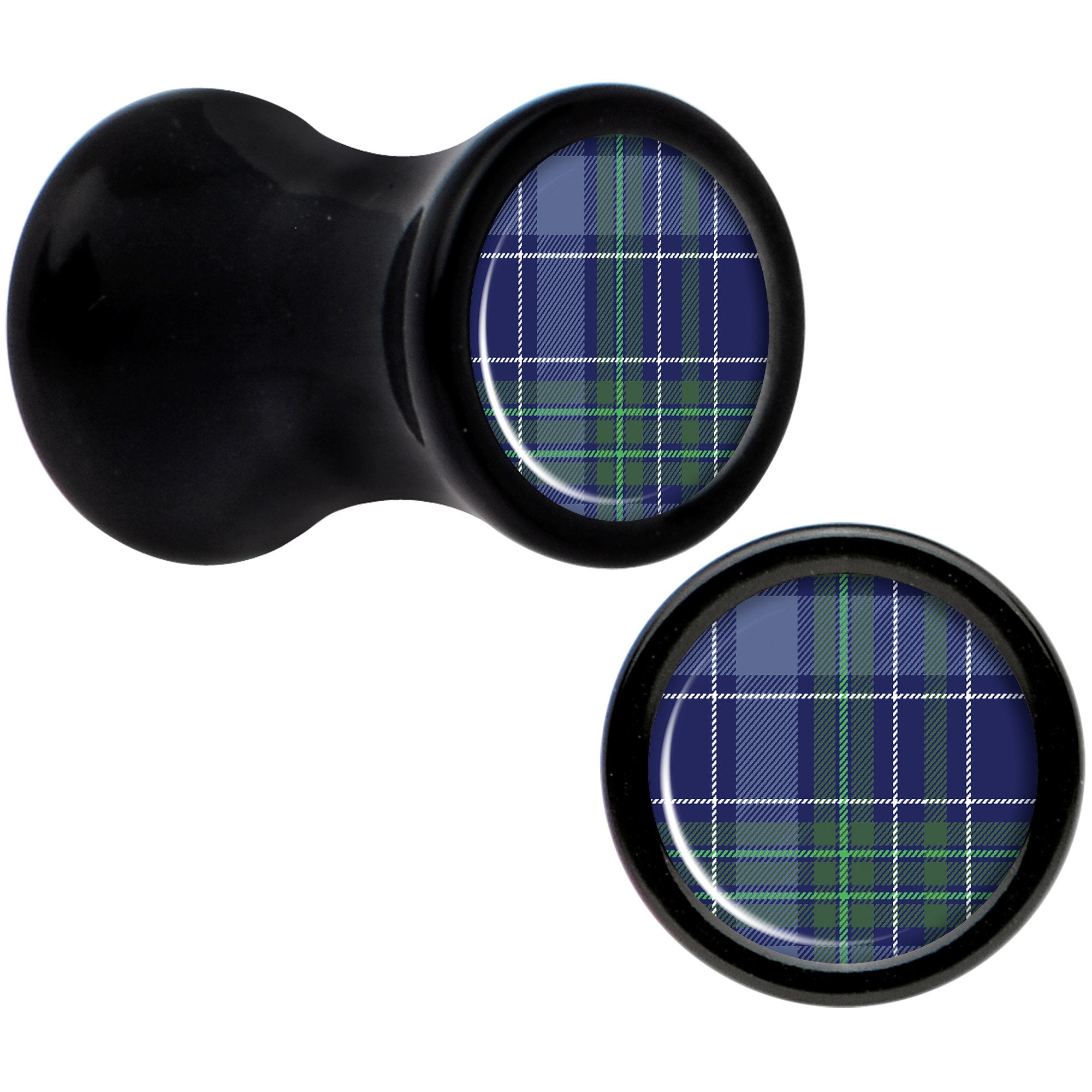 Holiday Blue Green Plaid Black Acrylic Saddle Plug Set Sizes 5mm to 20mm