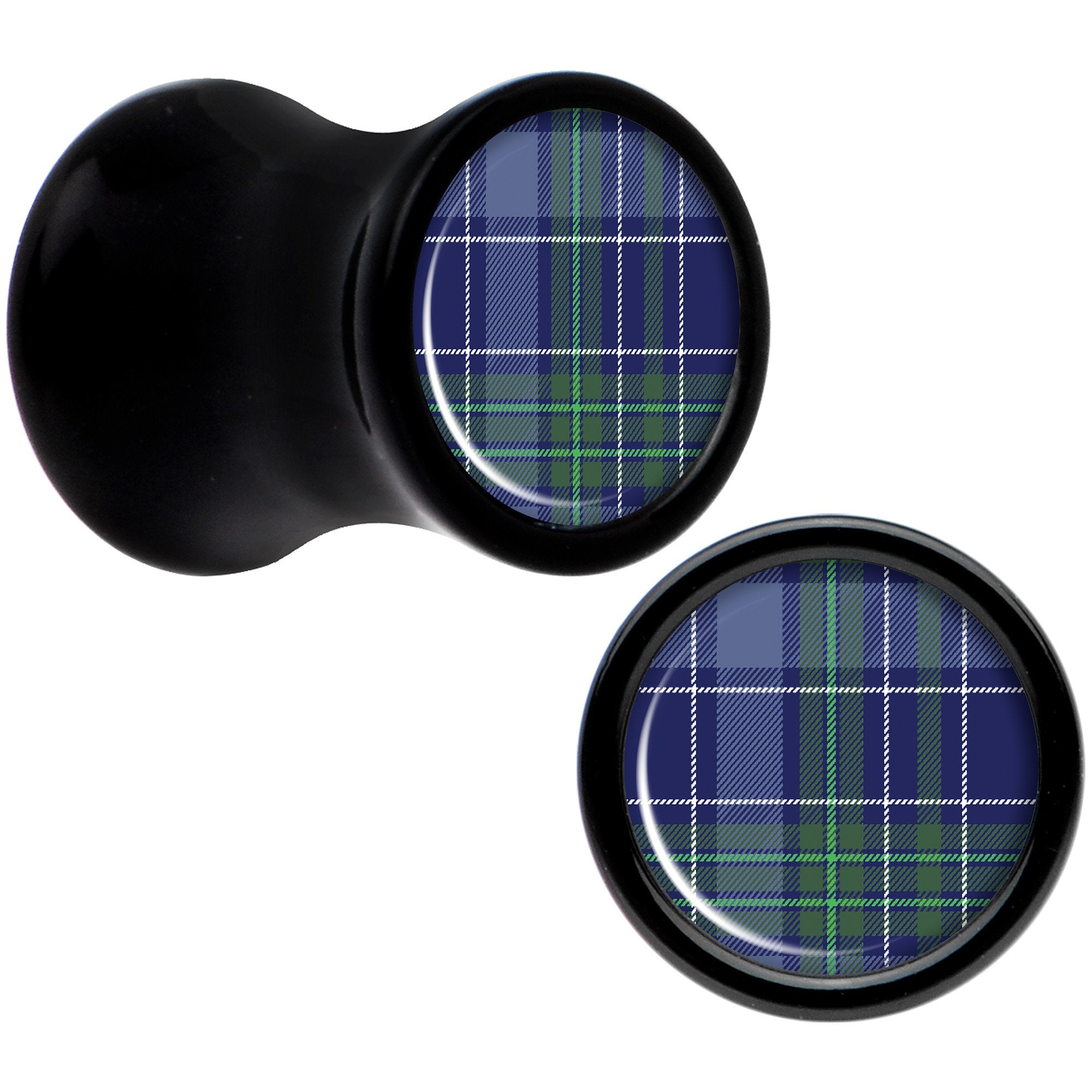 Holiday Blue Green Plaid Black Acrylic Saddle Plug Set Sizes 5mm to 20mm