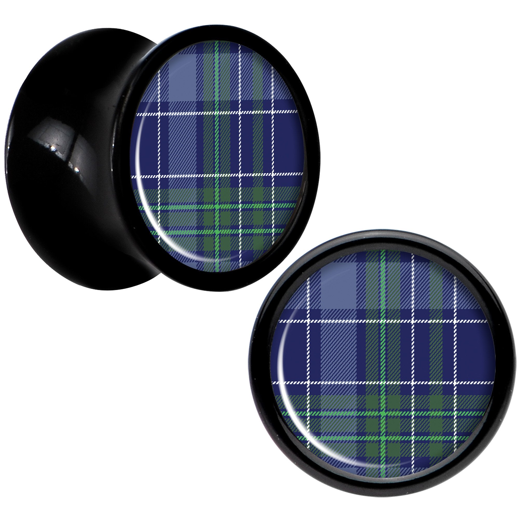 Holiday Blue Green Plaid Black Acrylic Saddle Plug Set Sizes 5mm to 20mm