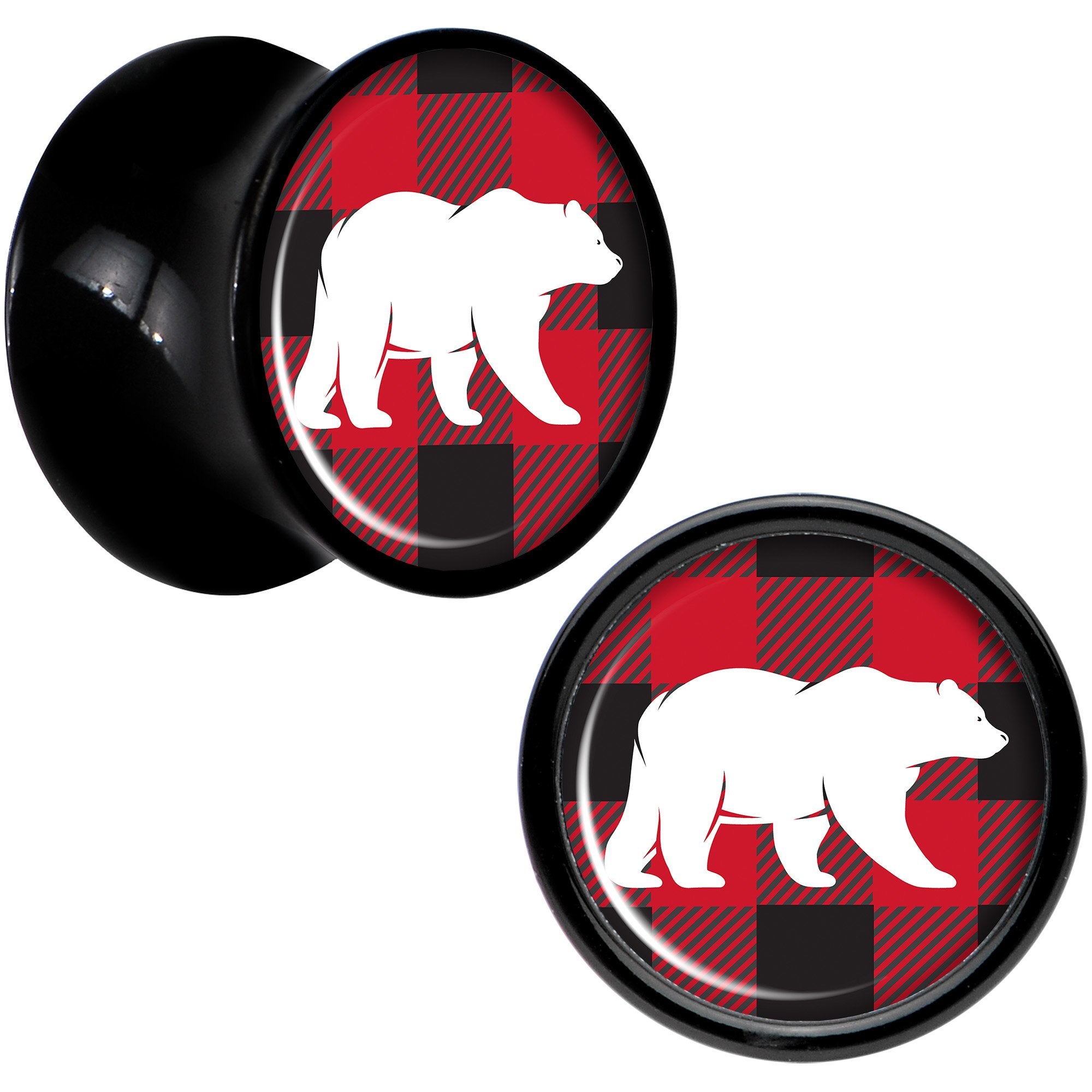 Red Black Plaid Polar Bear Black Acrylic Saddle Plug Set Sizes 5mm to 20mm