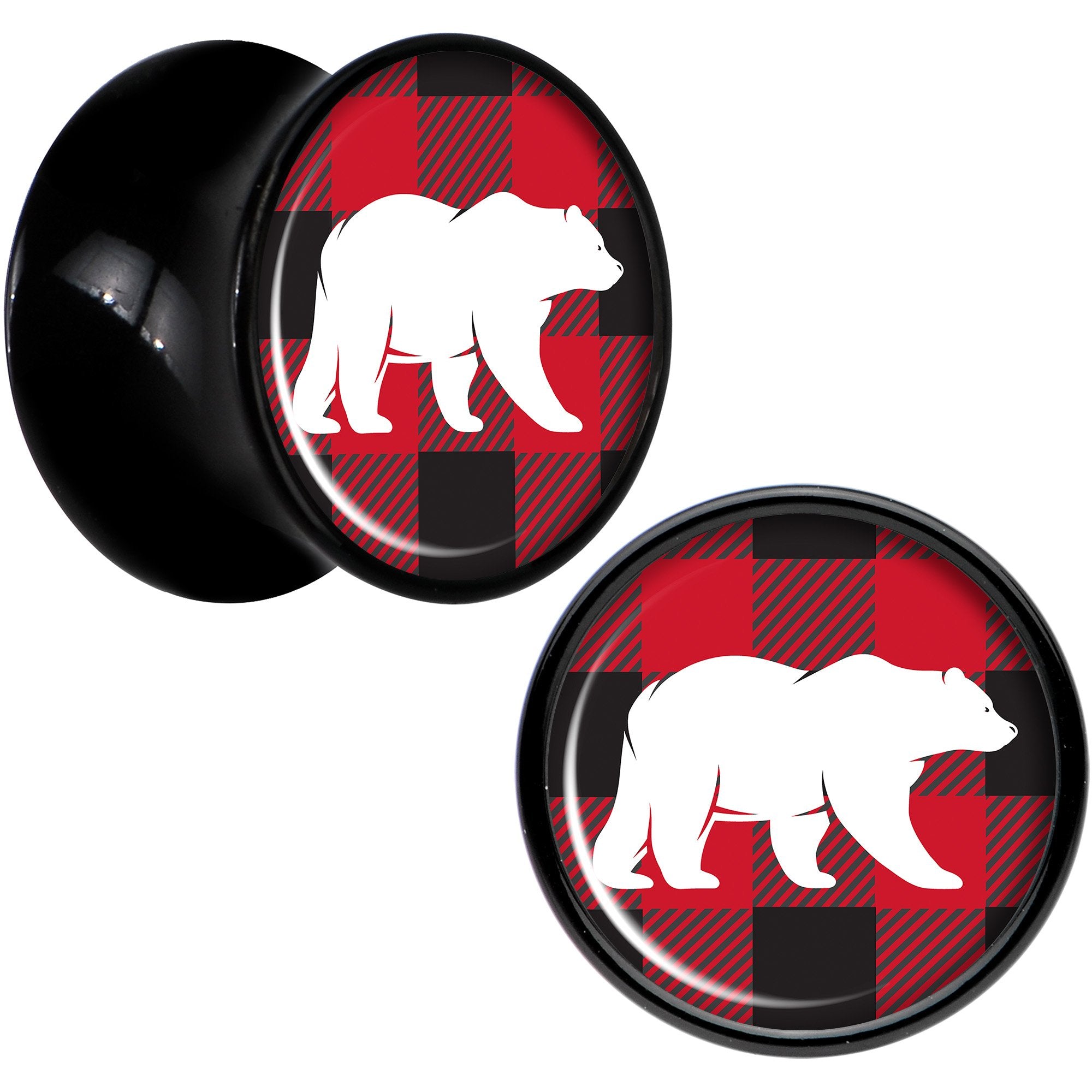 Red Black Plaid Polar Bear Black Acrylic Saddle Plug Set Sizes 5mm to 20mm