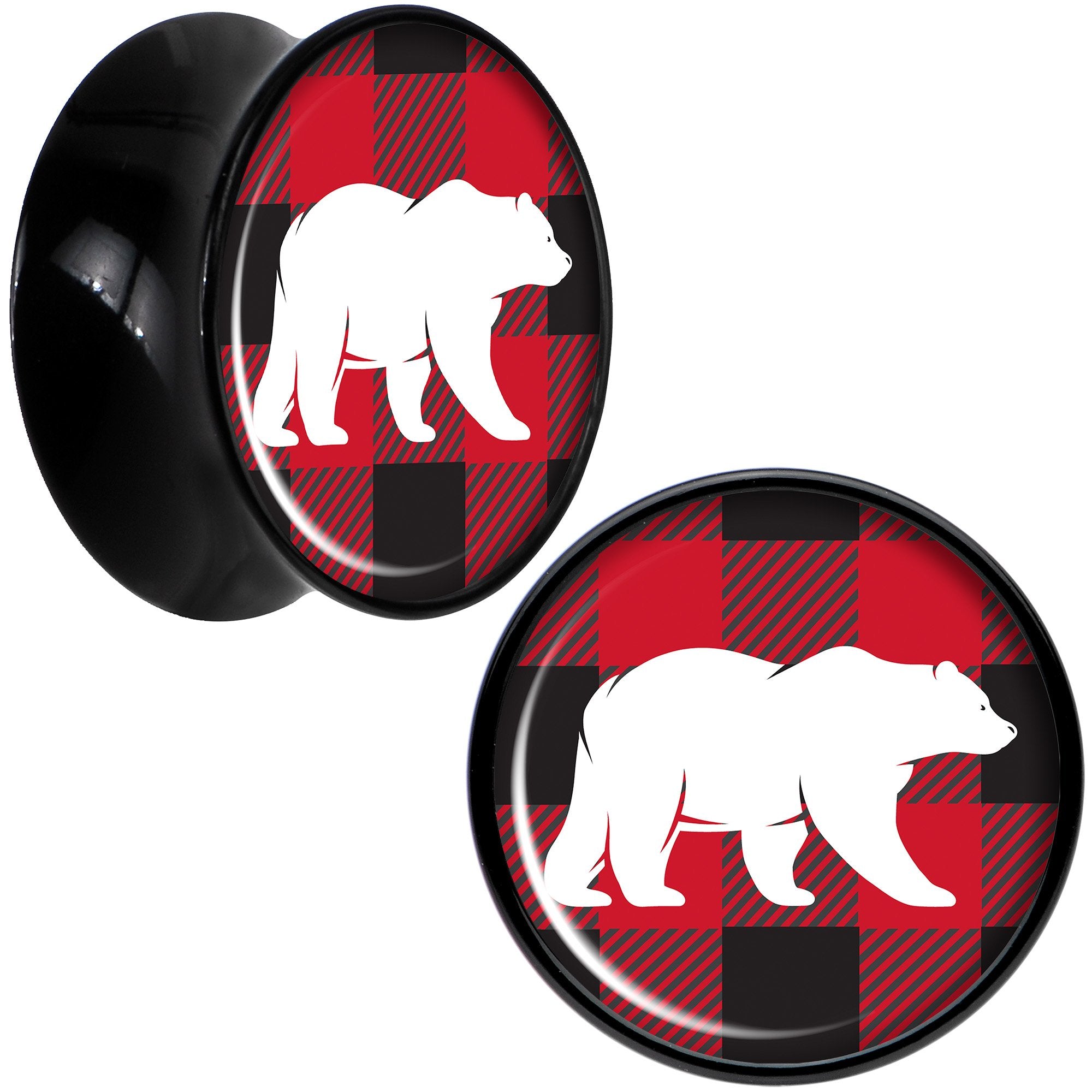 Red Black Plaid Polar Bear Black Acrylic Saddle Plug Set Sizes 5mm to 20mm