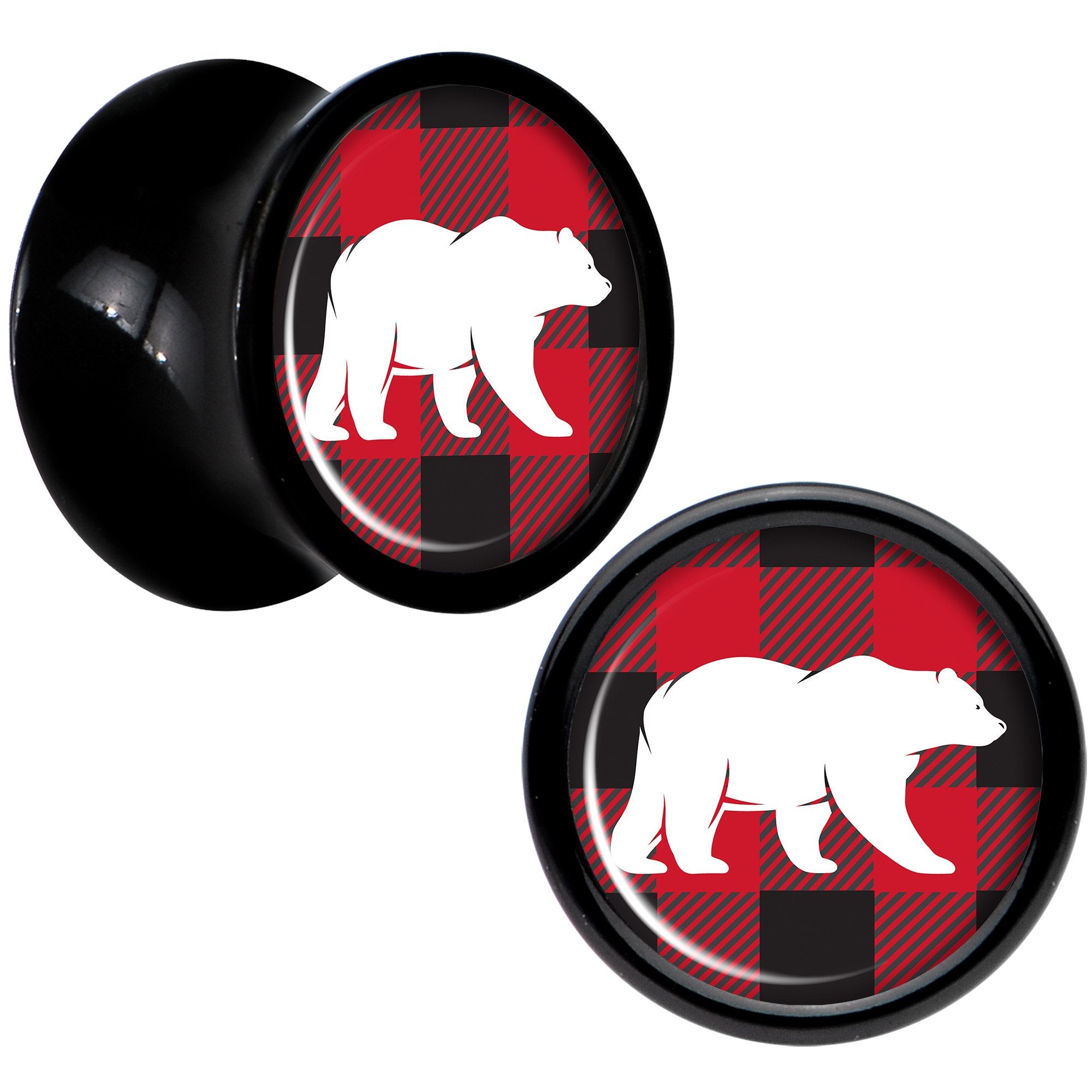 Red Black Plaid Polar Bear Black Acrylic Saddle Plug Set Sizes 5mm to 20mm