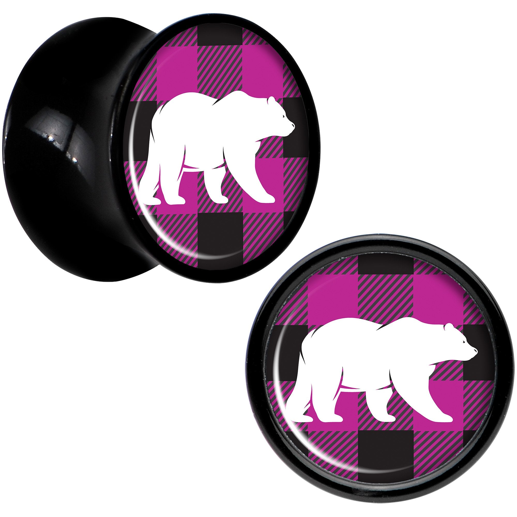 Pink Black Plaid Polar Bear Black Acrylic Saddle Plug Set Sizes 5mm to 20mm