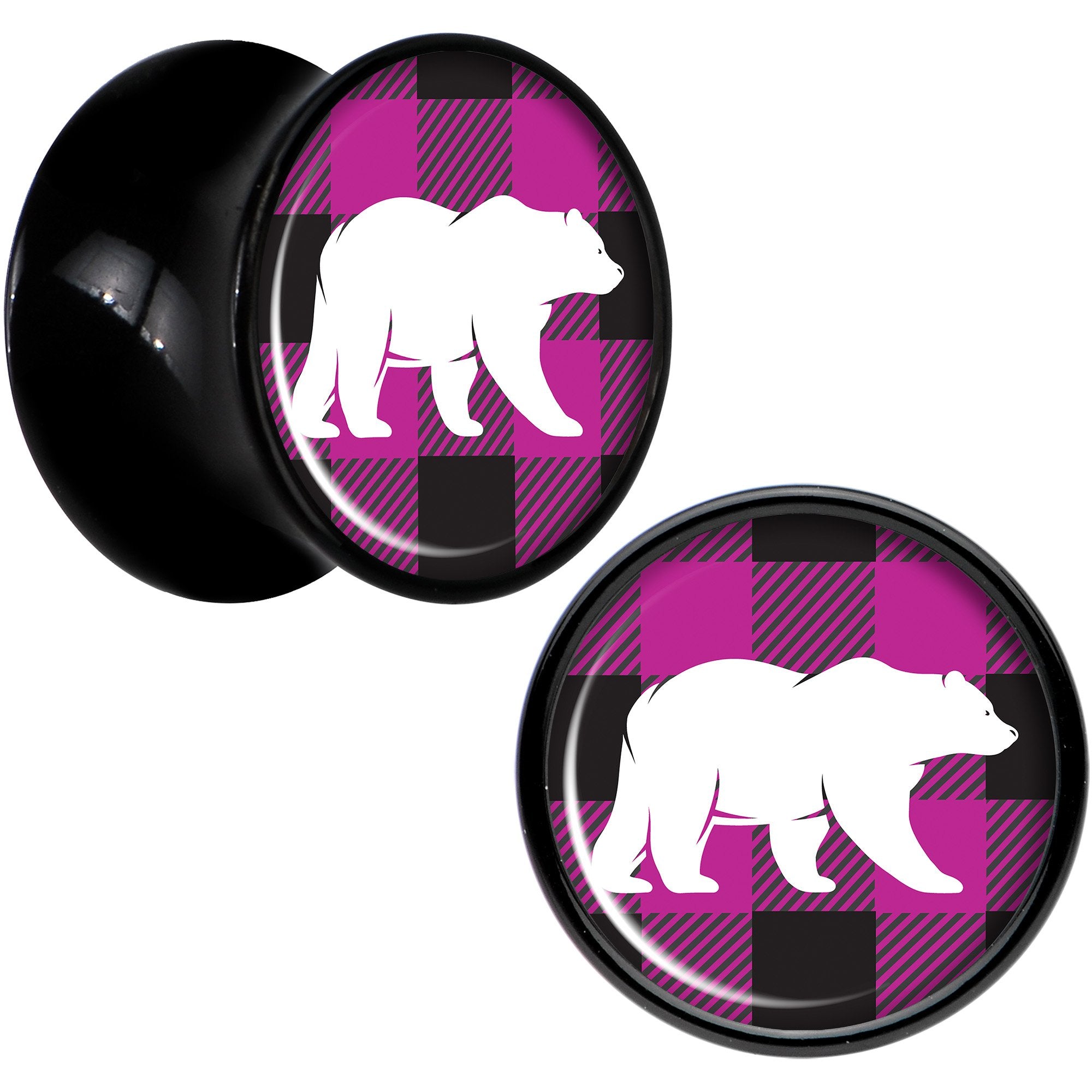 Pink Black Plaid Polar Bear Black Acrylic Saddle Plug Set Sizes 5mm to 20mm