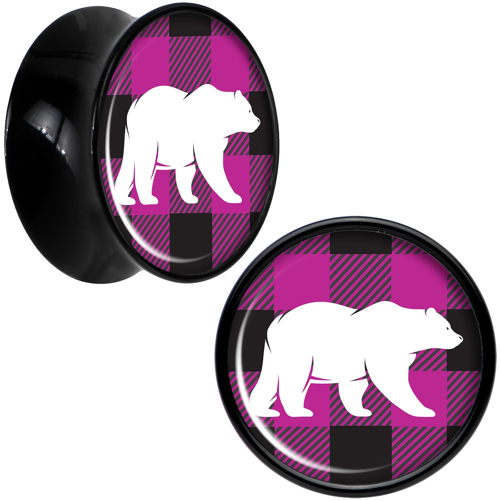 Pink Black Plaid Polar Bear Black Acrylic Saddle Plug Set Sizes 5mm to 20mm