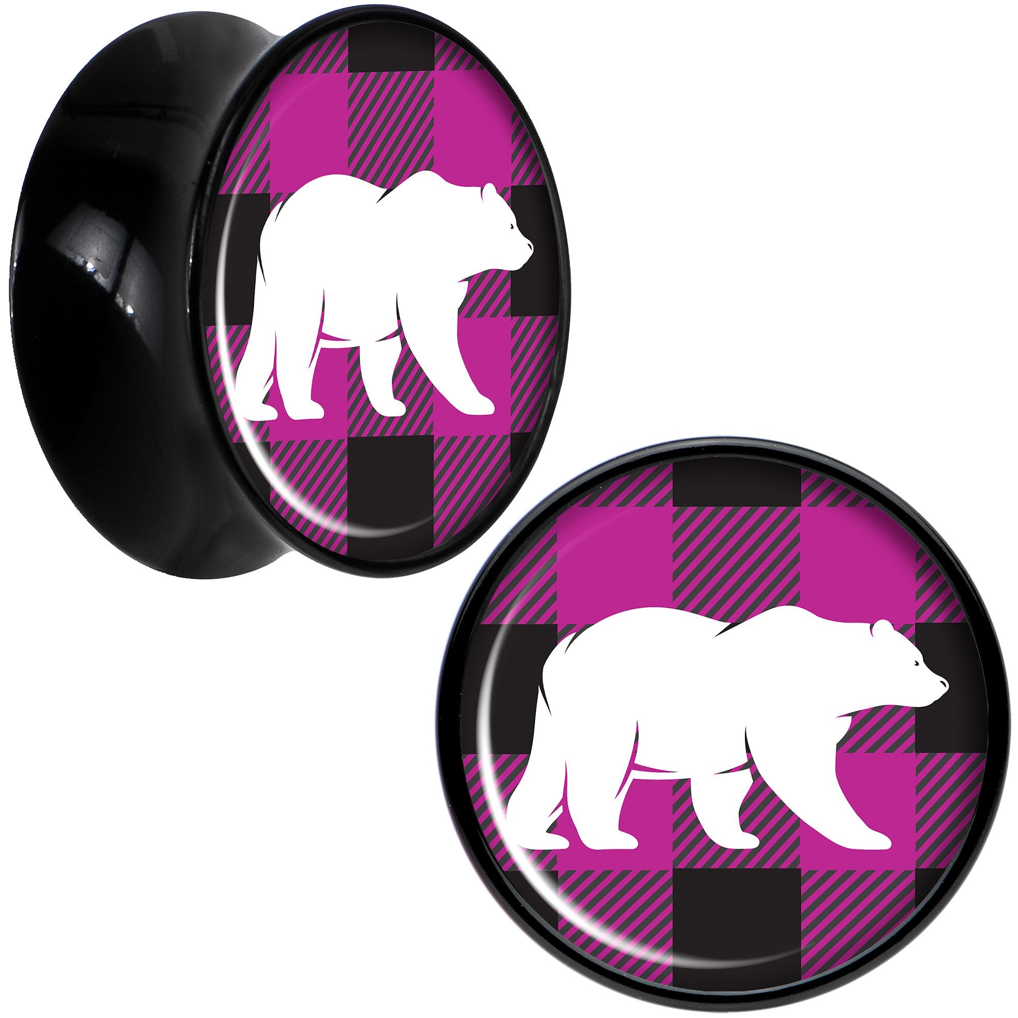 Pink Black Plaid Polar Bear Black Acrylic Saddle Plug Set Sizes 5mm to 20mm