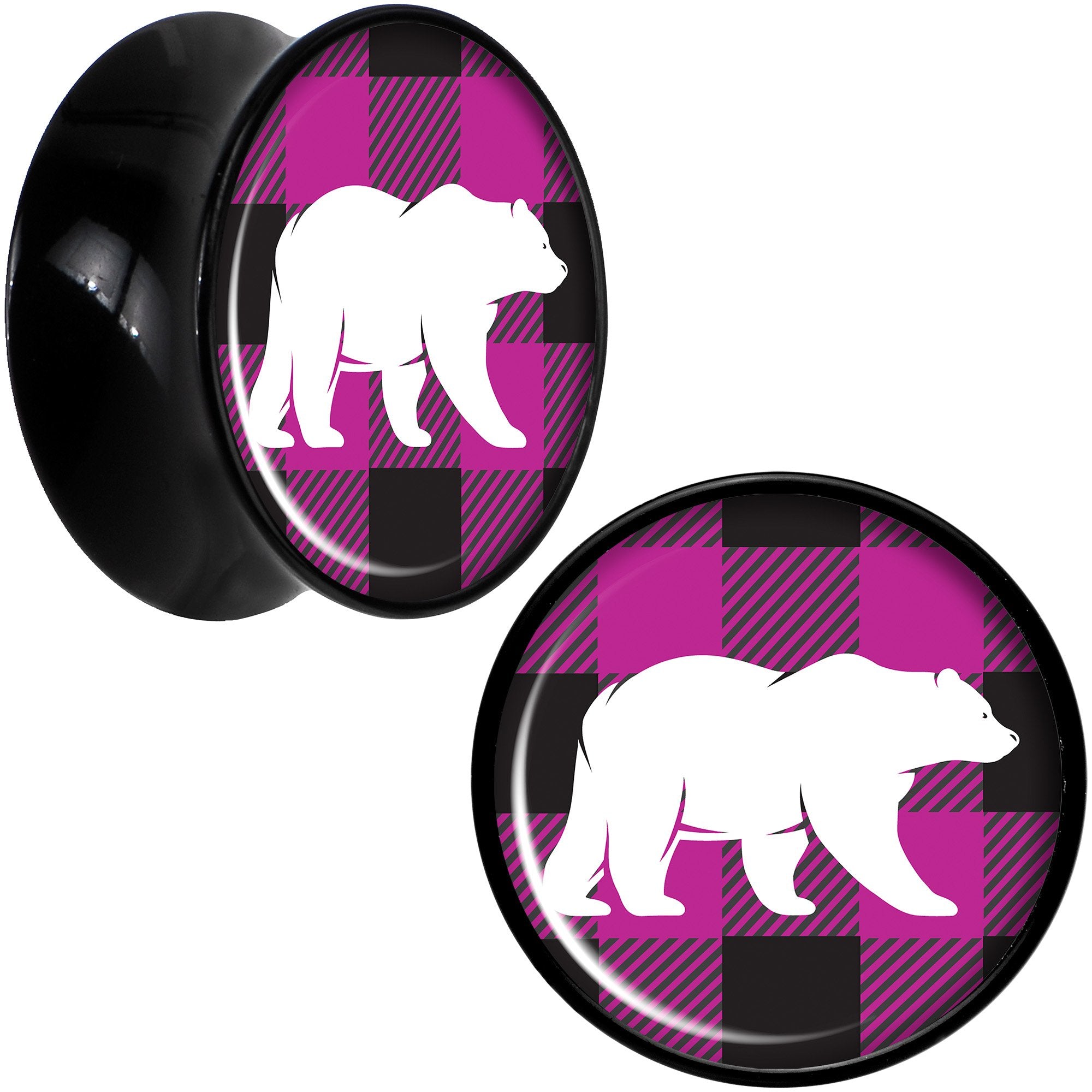 Pink Black Plaid Polar Bear Black Acrylic Saddle Plug Set Sizes 5mm to 20mm