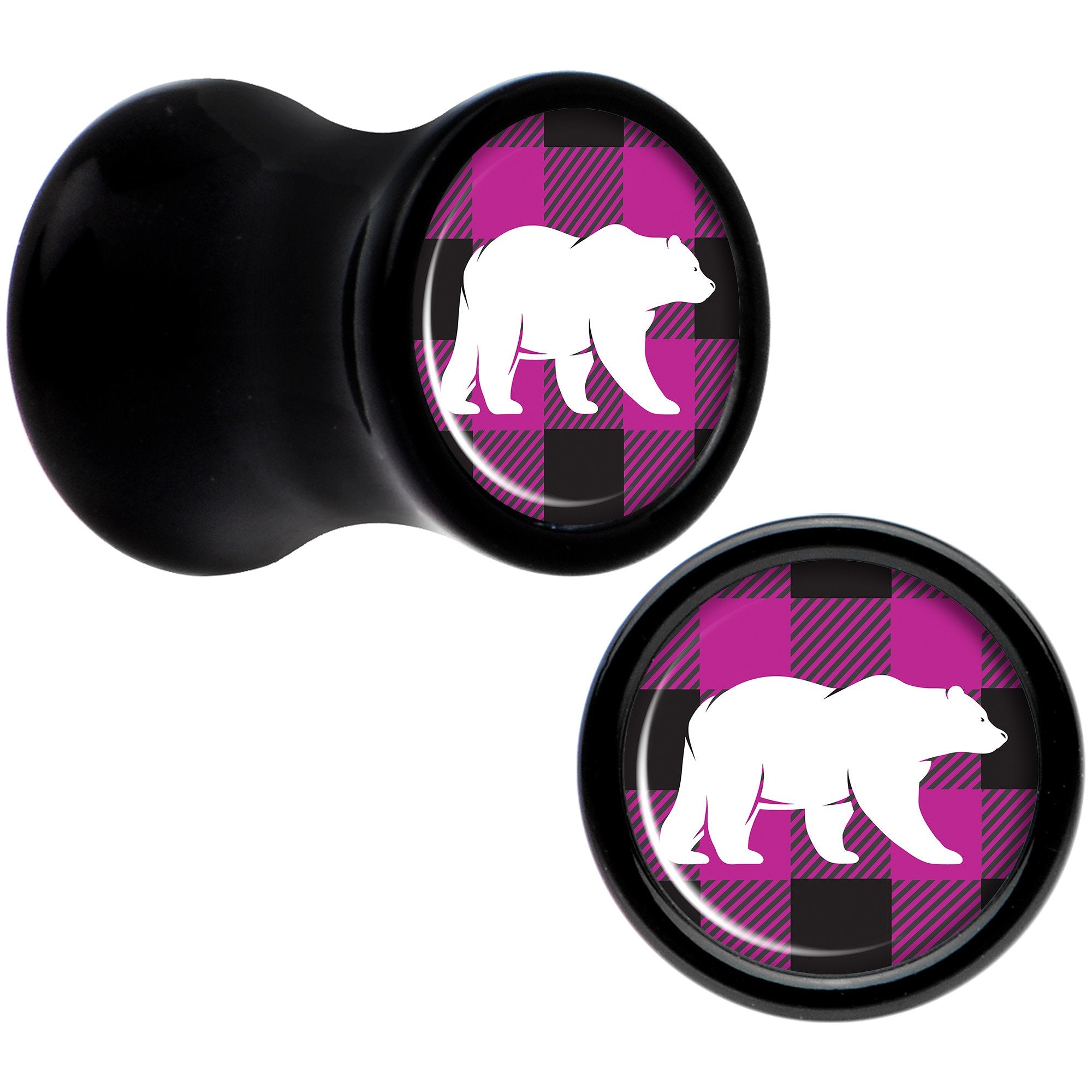 Pink Black Plaid Polar Bear Black Acrylic Saddle Plug Set Sizes 5mm to 20mm