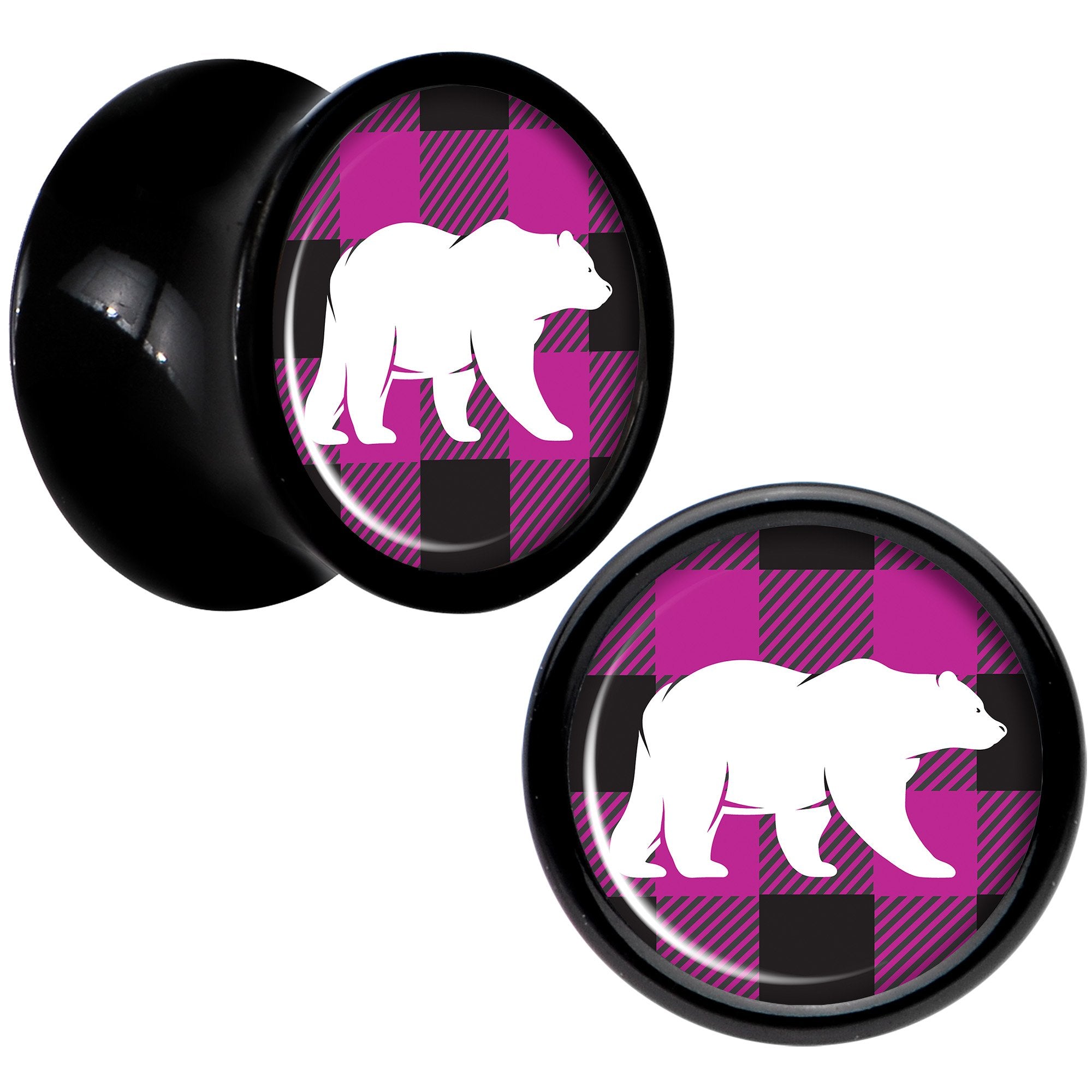 Pink Black Plaid Polar Bear Black Acrylic Saddle Plug Set Sizes 5mm to 20mm