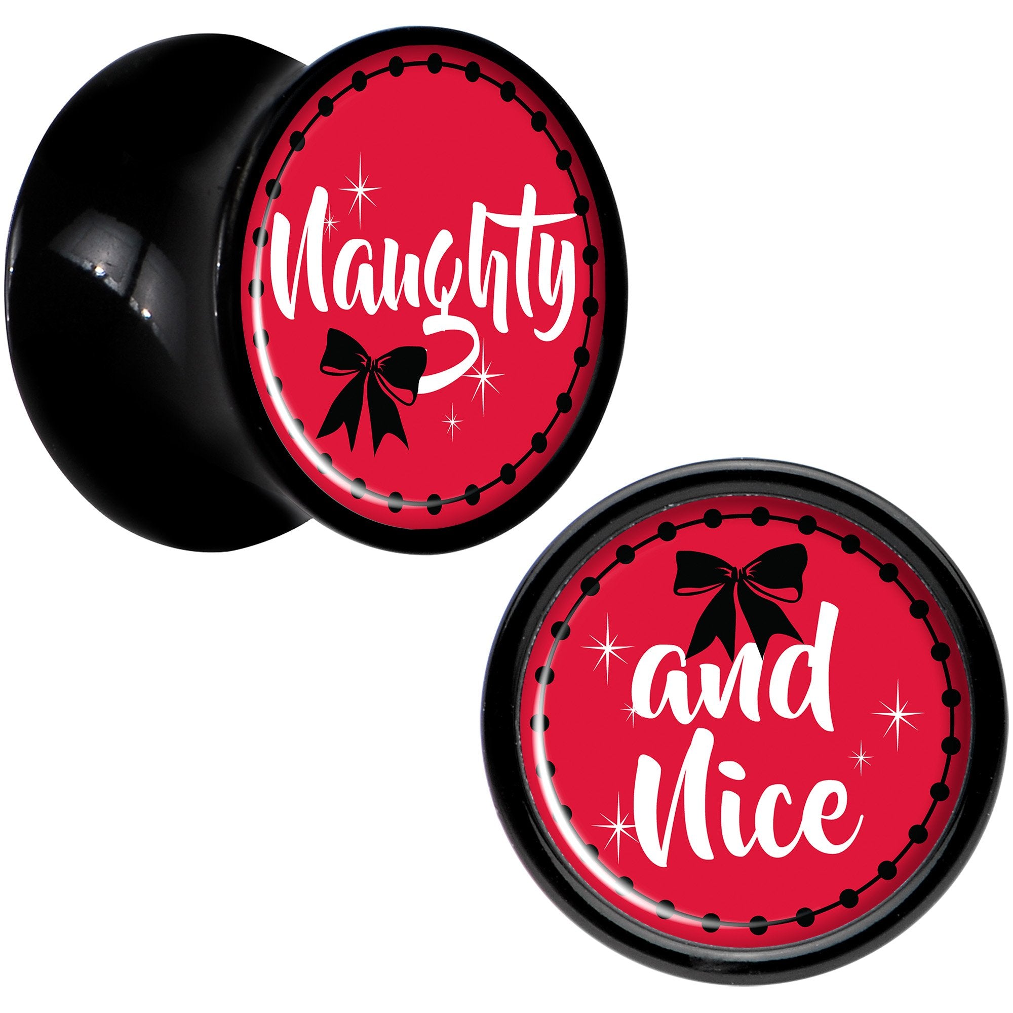 Red Holiday Naughty and Nice Black Acrylic Saddle Plug Set Sizes 6mm to 20mm