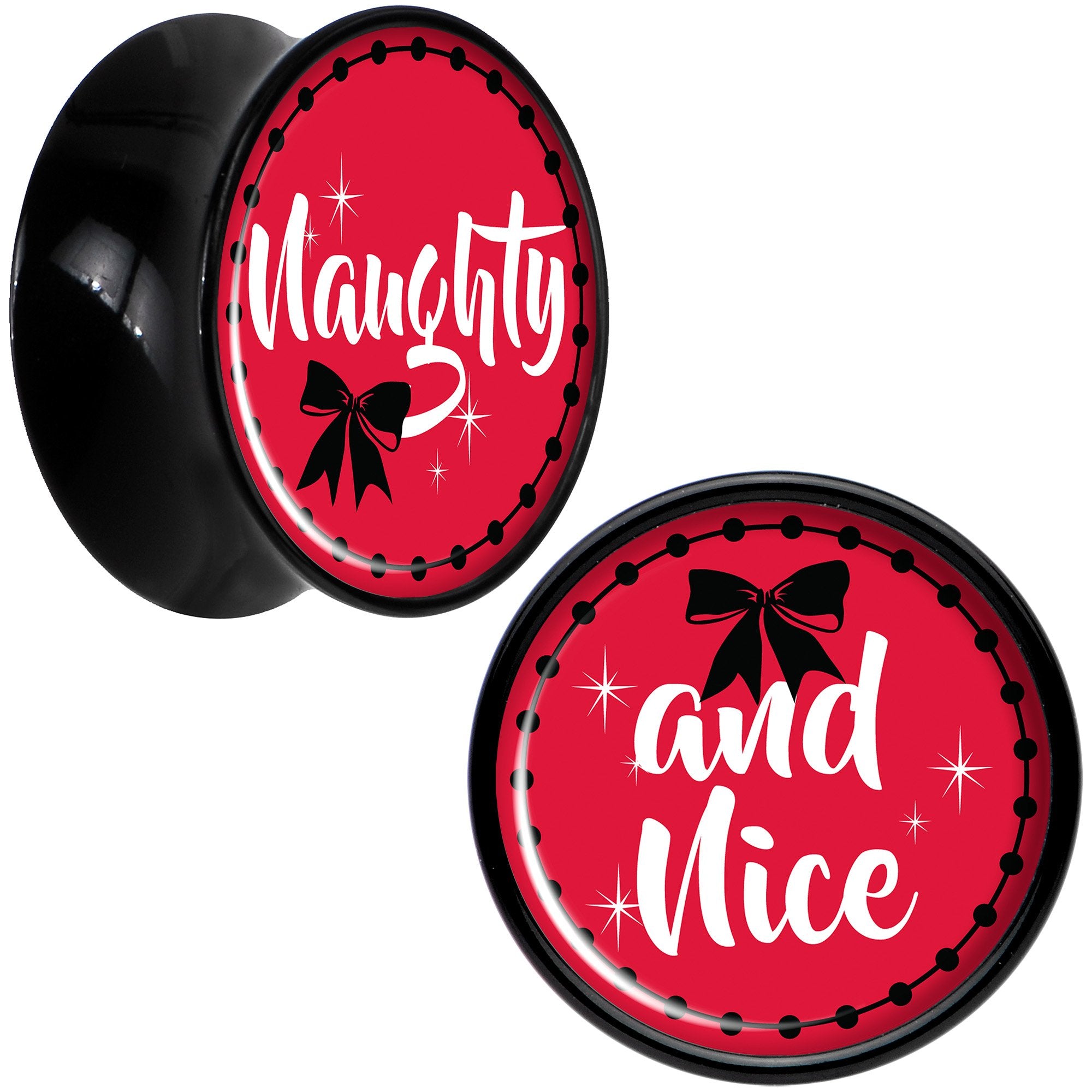 Red Holiday Naughty and Nice Black Acrylic Saddle Plug Set Sizes 6mm to 20mm