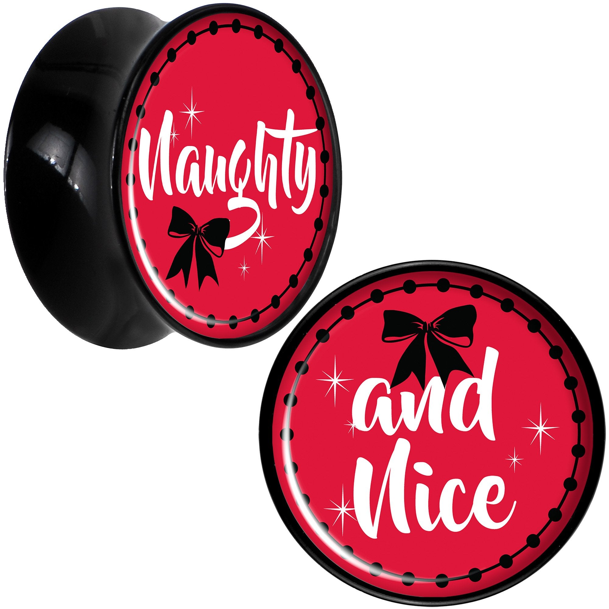 Red Holiday Naughty and Nice Black Acrylic Saddle Plug Set Sizes 6mm to 20mm