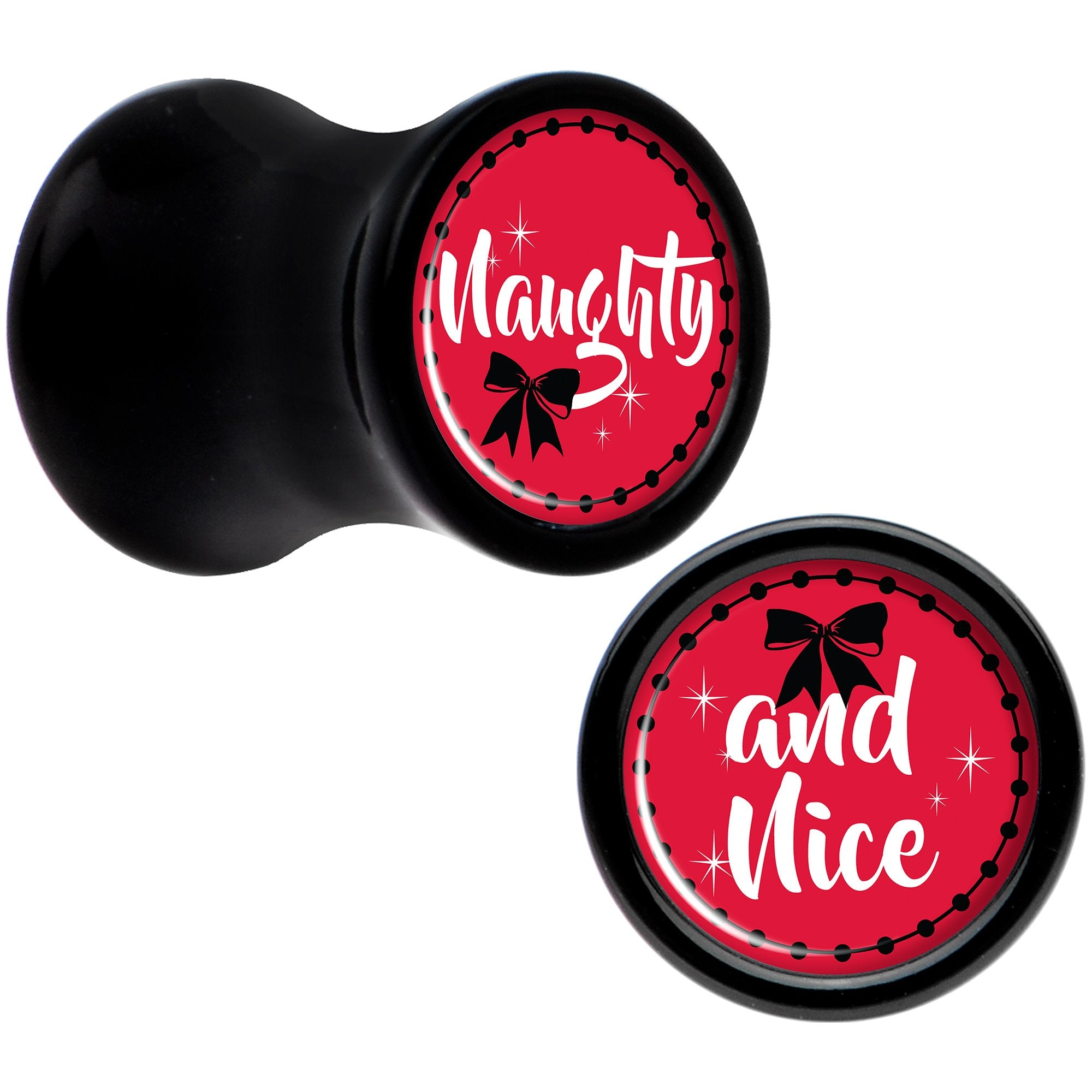 Red Holiday Naughty and Nice Black Acrylic Saddle Plug Set Sizes 6mm to 20mm