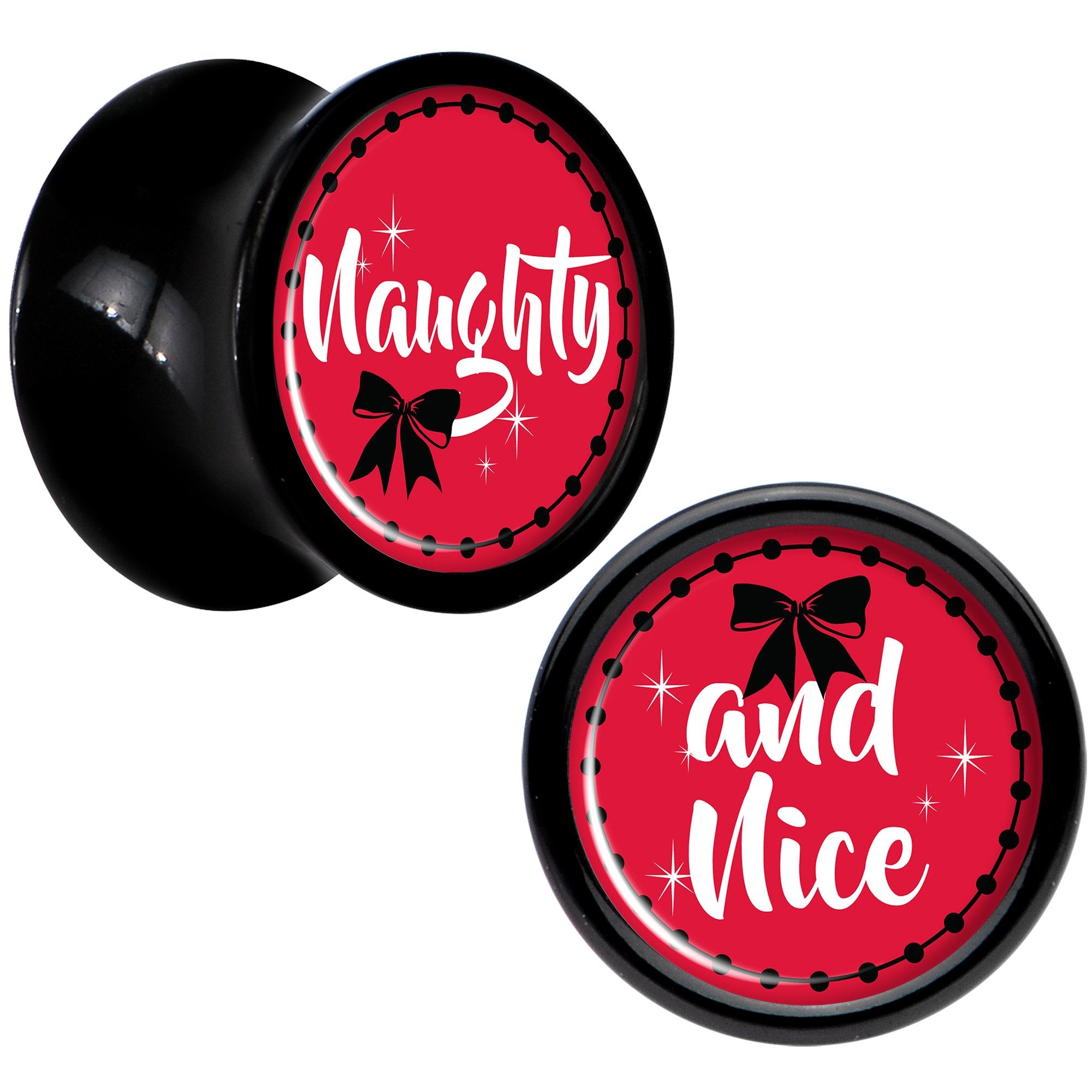 Red Holiday Naughty and Nice Black Acrylic Saddle Plug Set Sizes 6mm to 20mm