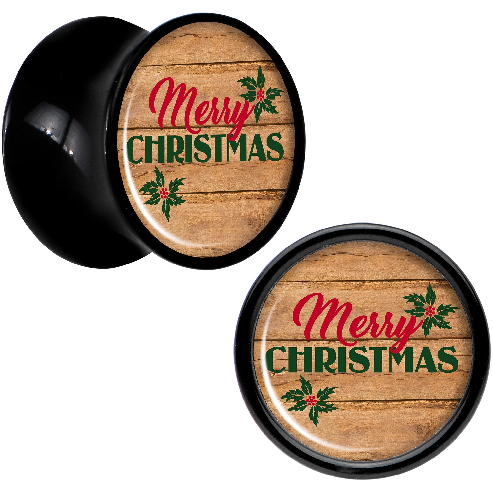 Rustic Wood Merry Christmas Black Acrylic Saddle Plug Set Sizes 8mm to 20mm