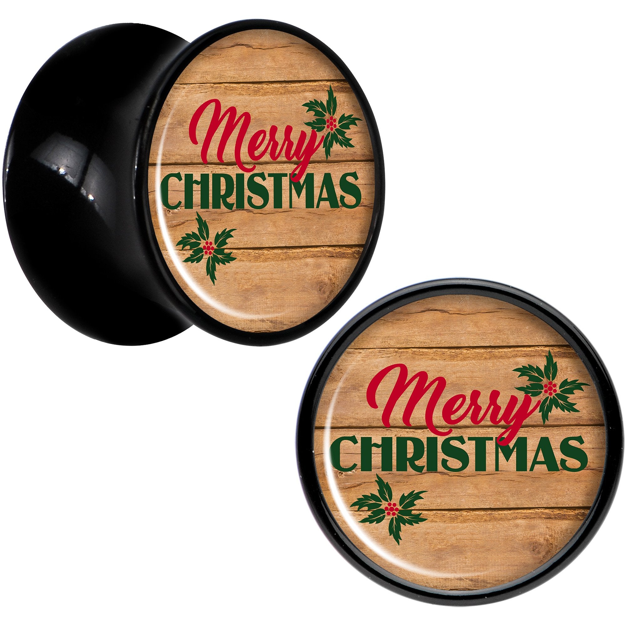 Rustic Wood Merry Christmas Black Acrylic Saddle Plug Set Sizes 8mm to 20mm