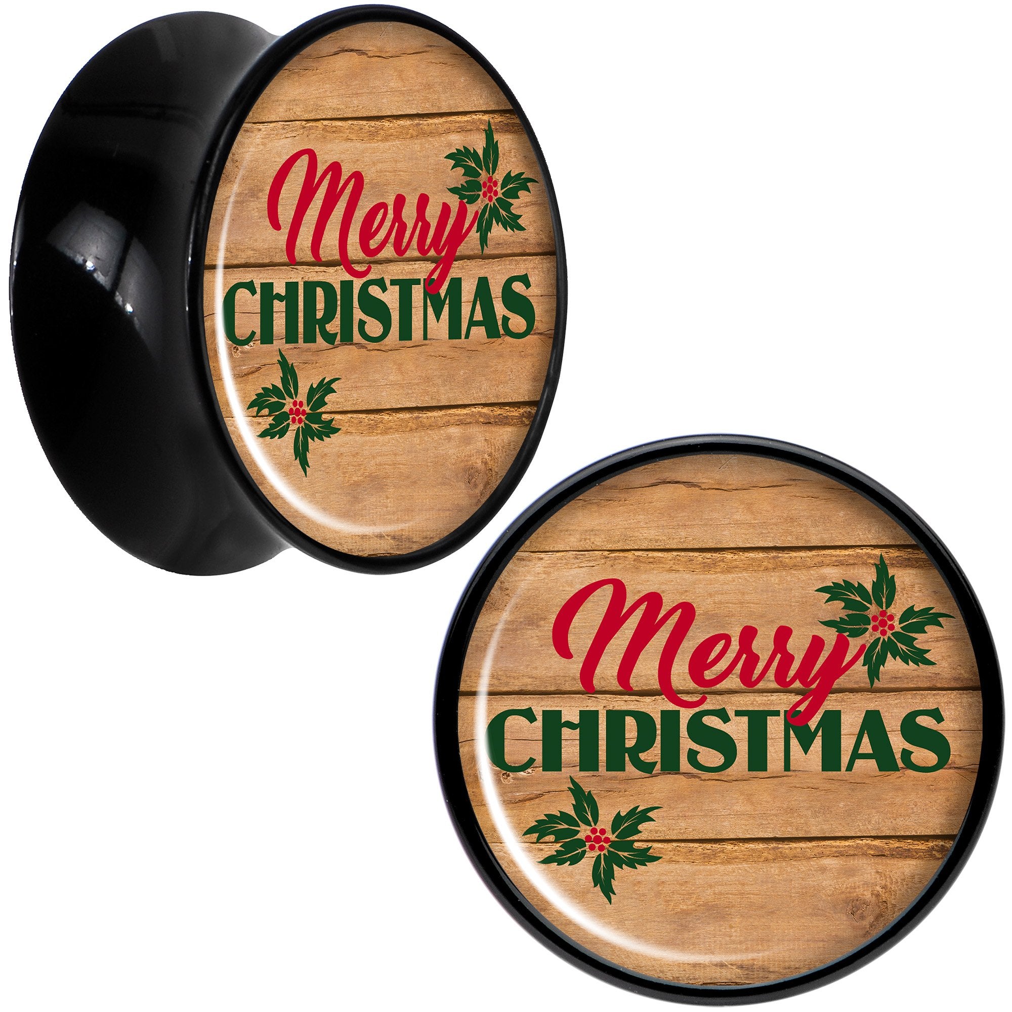 Rustic Wood Merry Christmas Black Acrylic Saddle Plug Set Sizes 8mm to 20mm