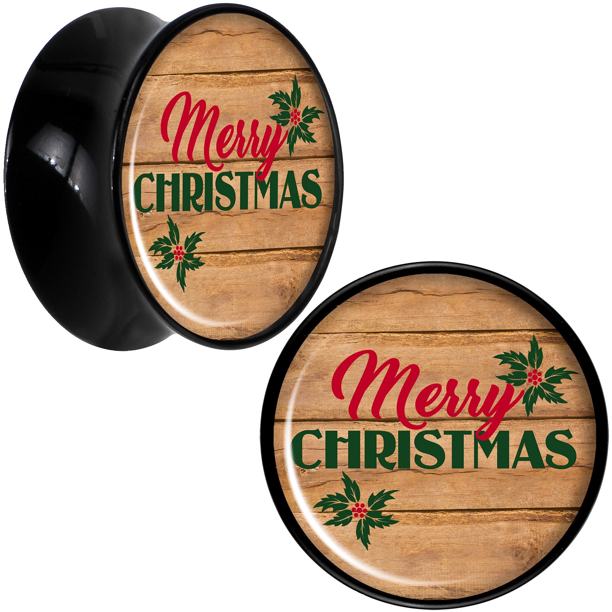 Rustic Wood Merry Christmas Black Acrylic Saddle Plug Set Sizes 8mm to 20mm