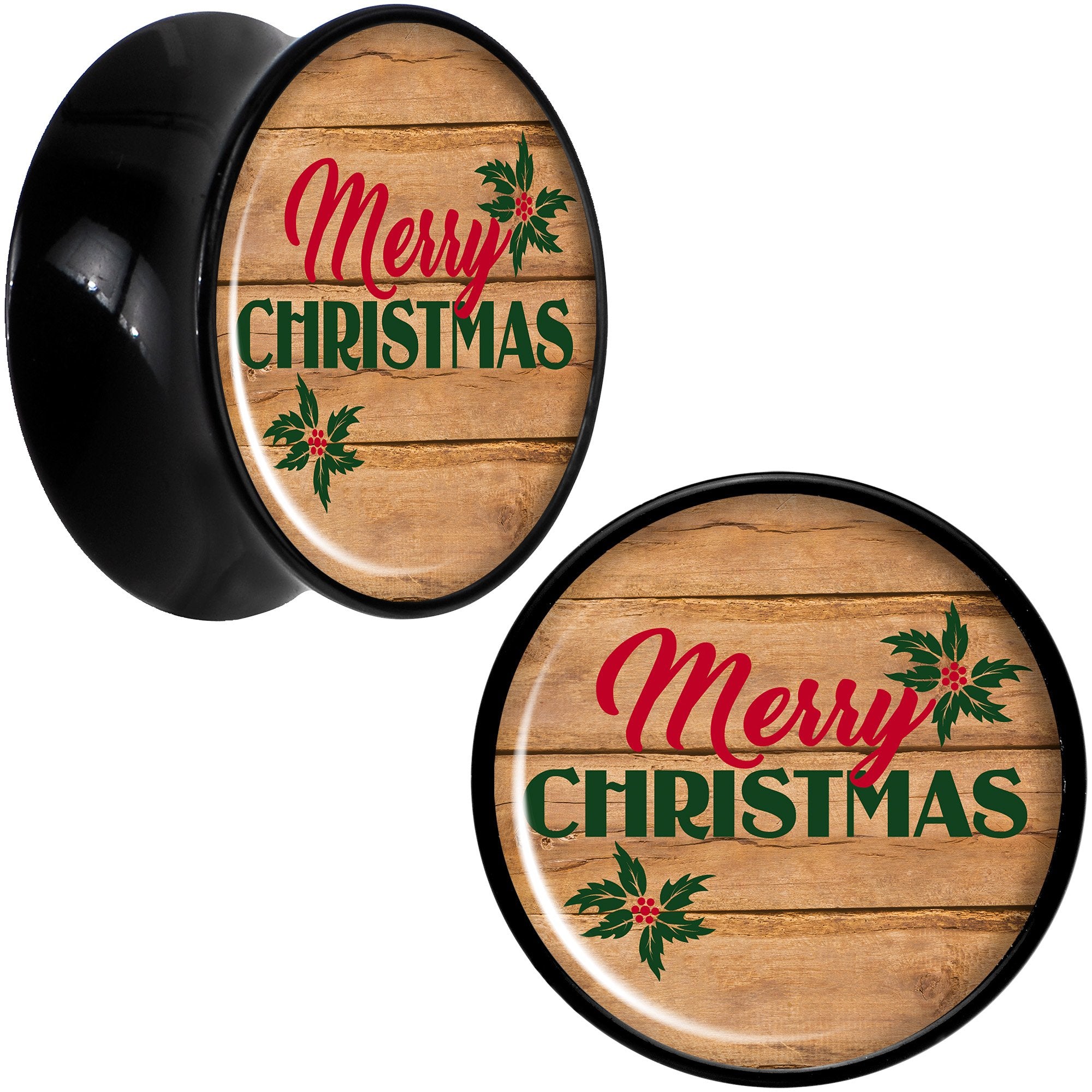 Rustic Wood Merry Christmas Black Acrylic Saddle Plug Set Sizes 8mm to 20mm