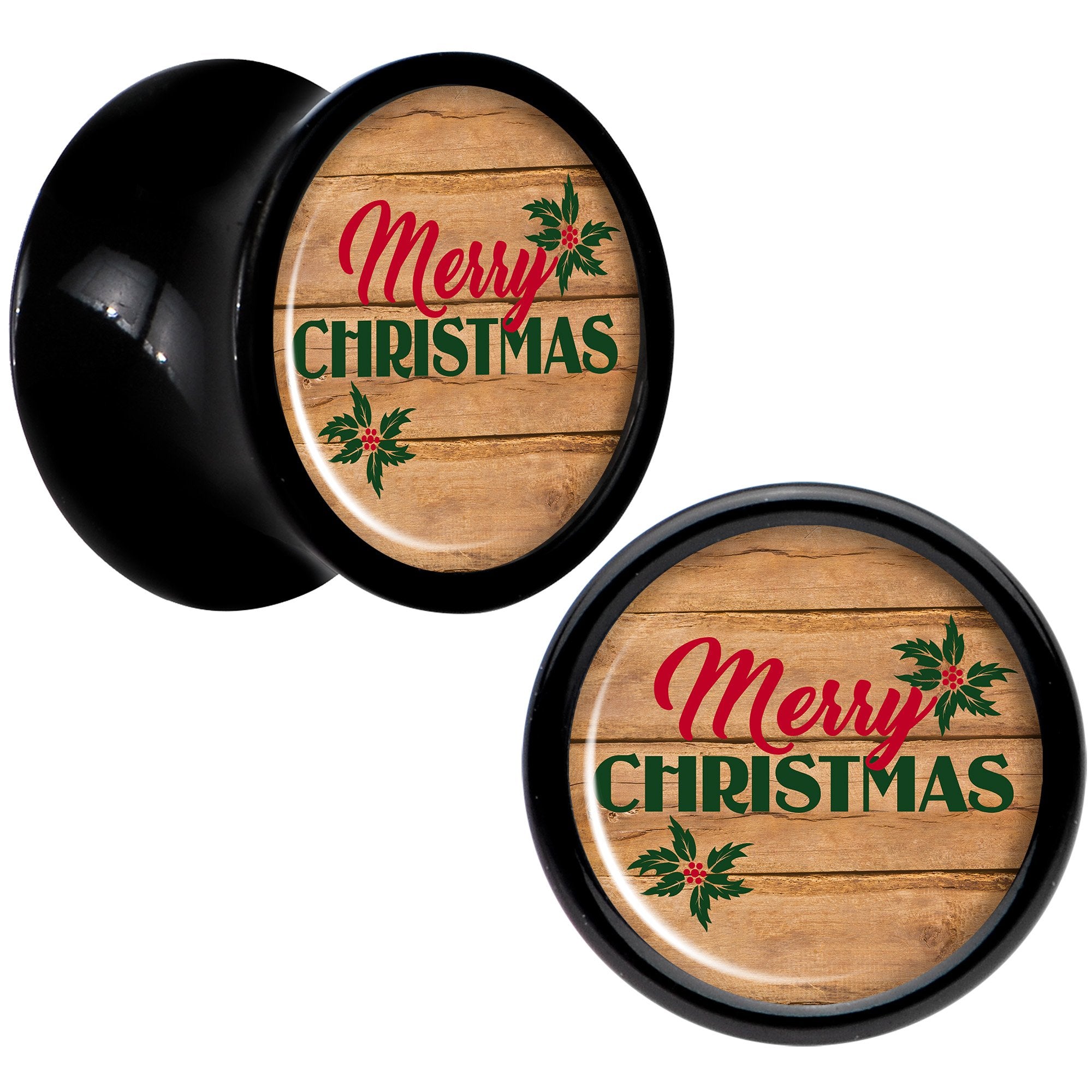 Rustic Wood Merry Christmas Black Acrylic Saddle Plug Set Sizes 8mm to 20mm