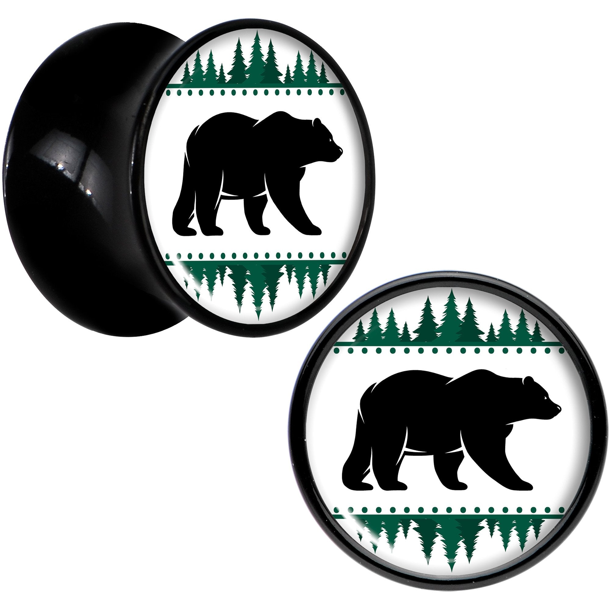 Winter Polar Bear in Woods Black Acrylic Saddle Plug Set Sizes 5mm to 20mm