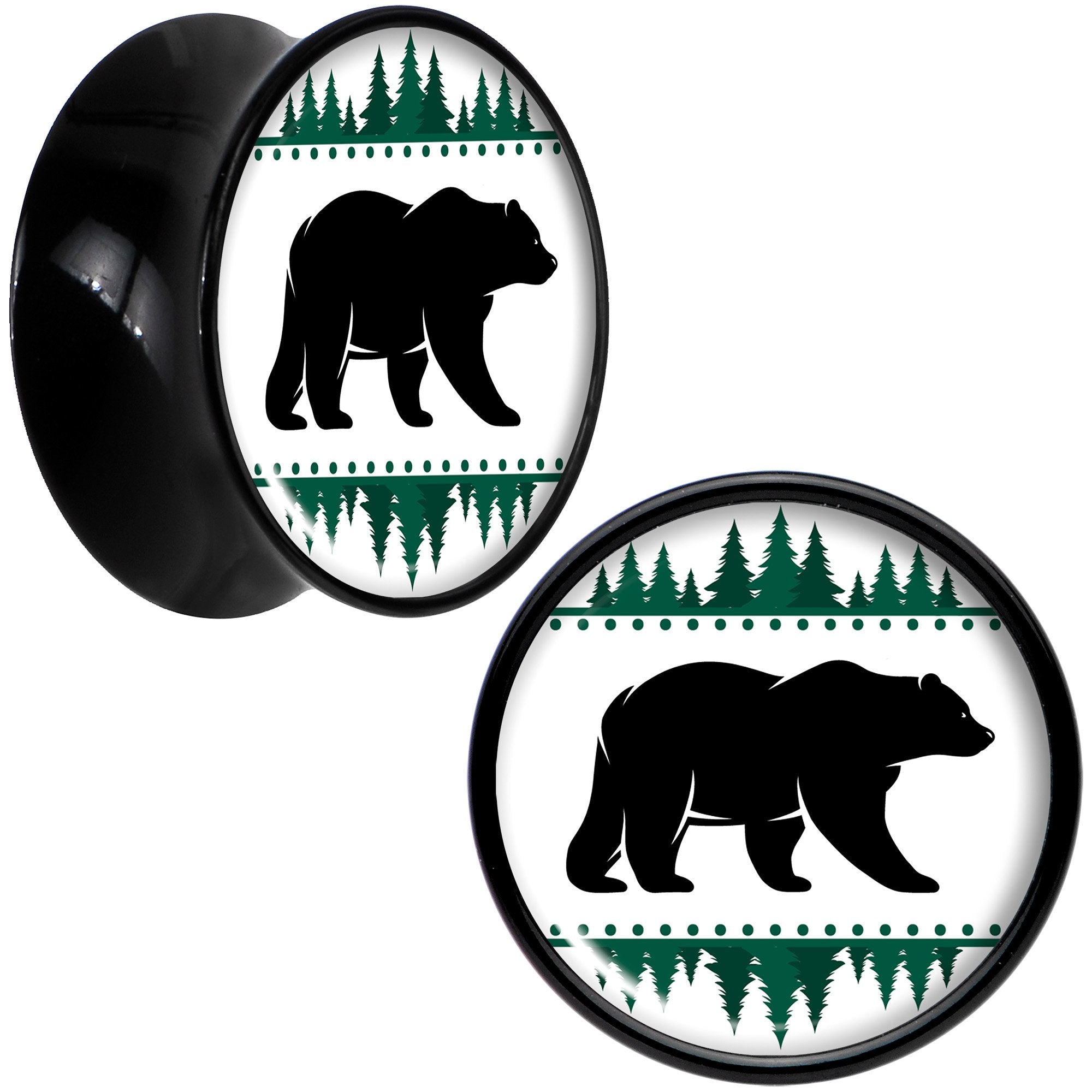 Winter Polar Bear in Woods Black Acrylic Saddle Plug Set Sizes 5mm to 20mm