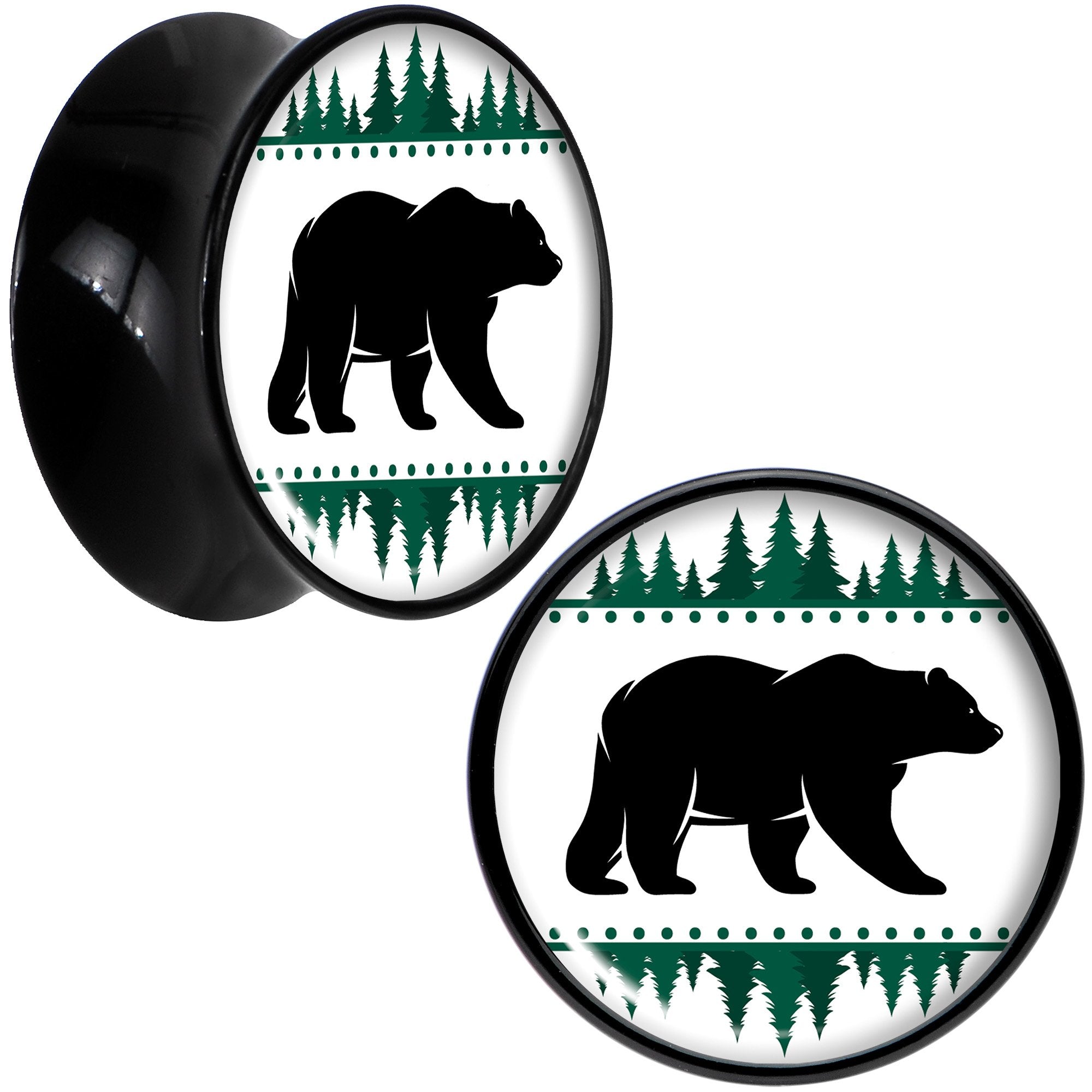 Winter Polar Bear in Woods Black Acrylic Saddle Plug Set Sizes 5mm to 20mm