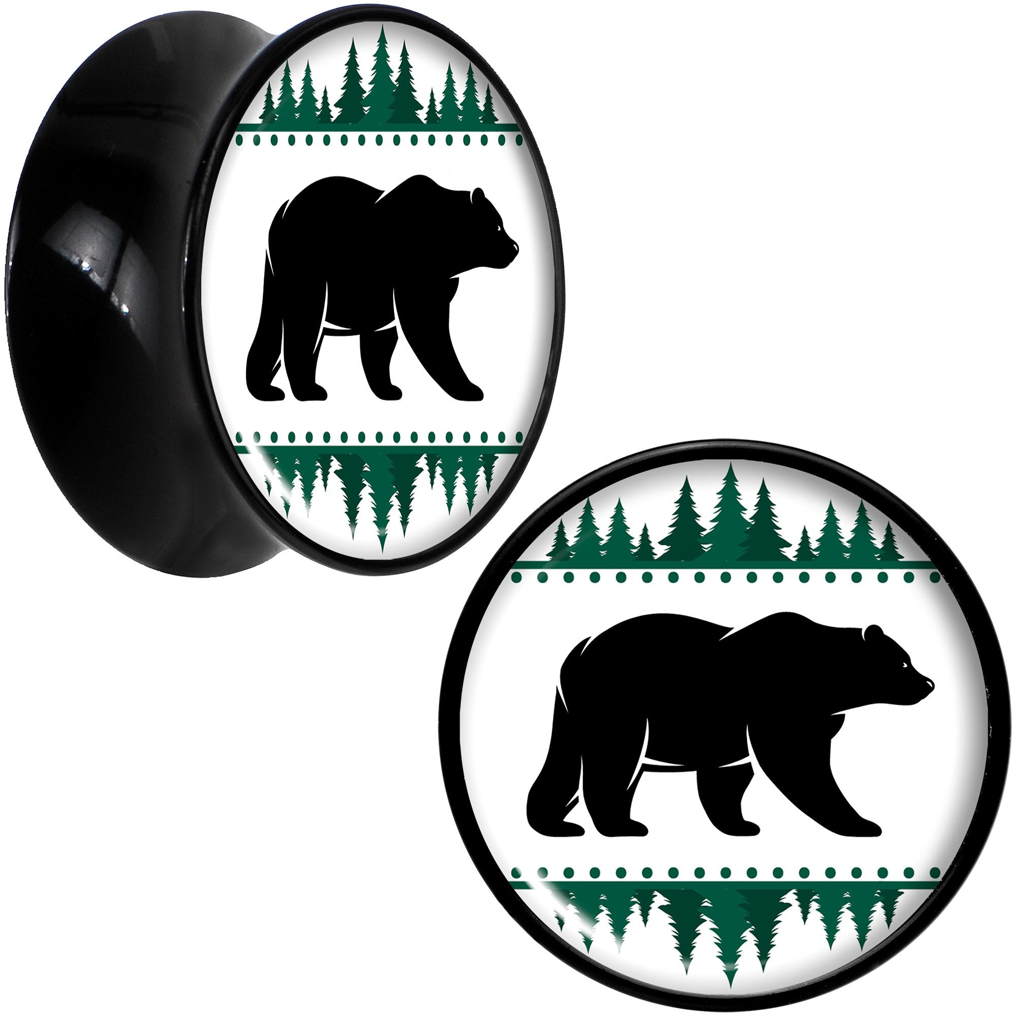 Winter Polar Bear in Woods Black Acrylic Saddle Plug Set Sizes 5mm to 20mm