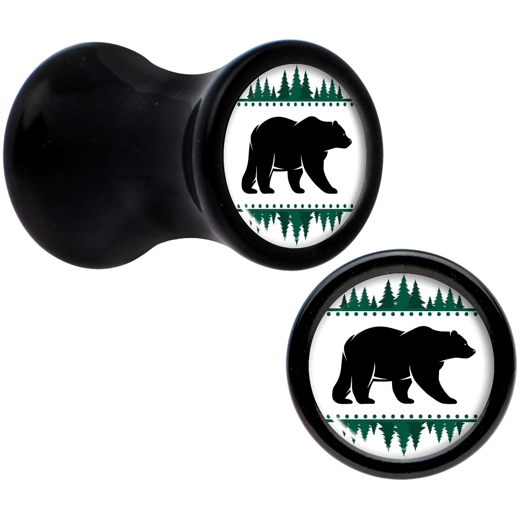 Winter Polar Bear in Woods Black Acrylic Saddle Plug Set Sizes 5mm to 20mm