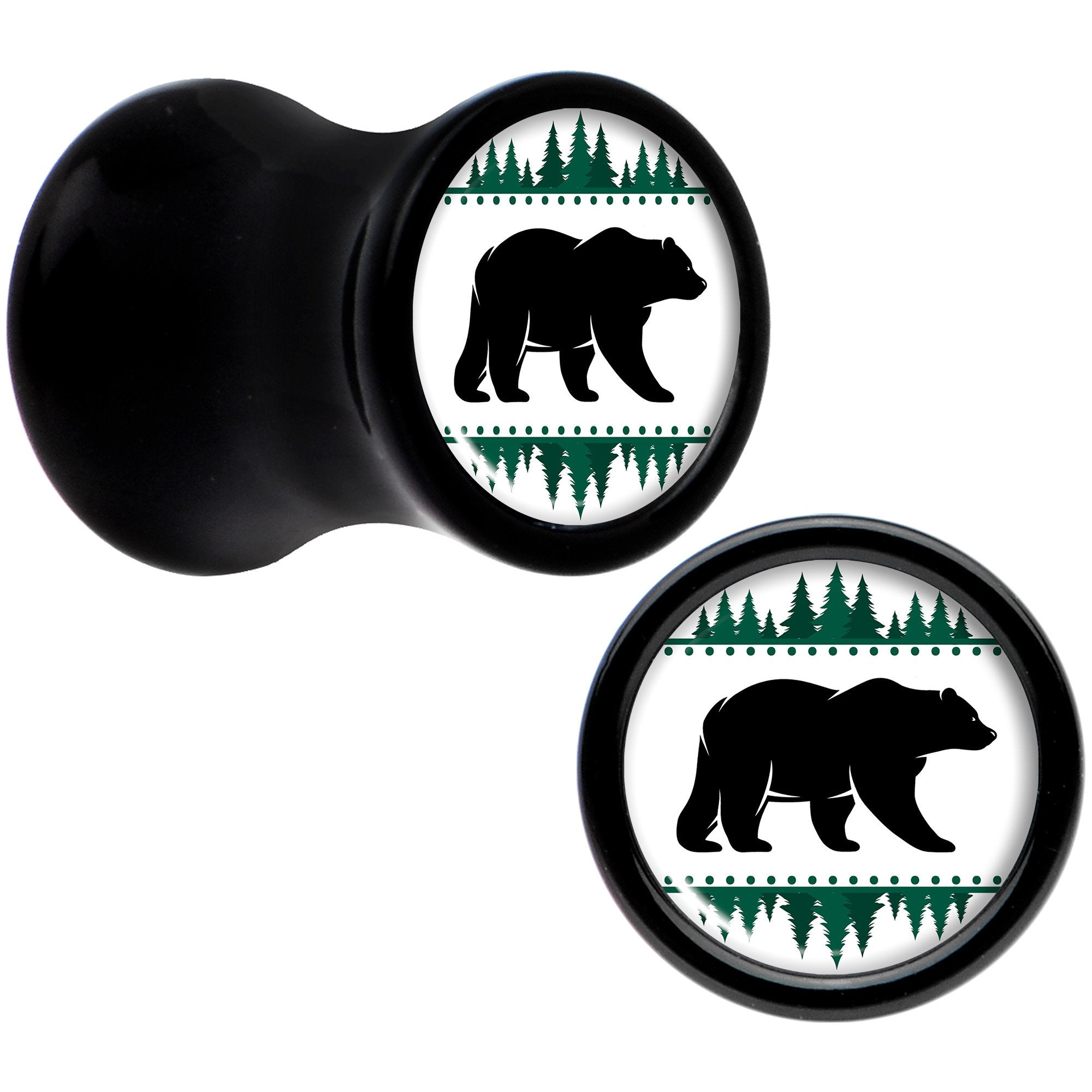 Winter Polar Bear in Woods Black Acrylic Saddle Plug Set Sizes 5mm to 20mm