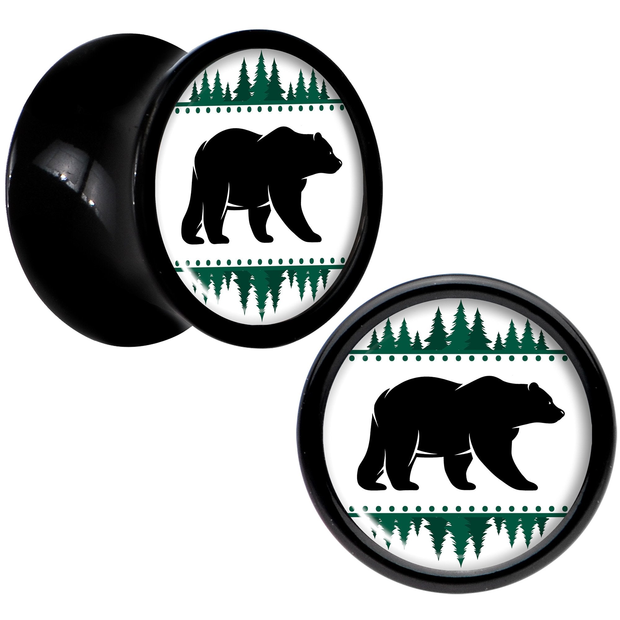 Winter Polar Bear in Woods Black Acrylic Saddle Plug Set Sizes 5mm to 20mm