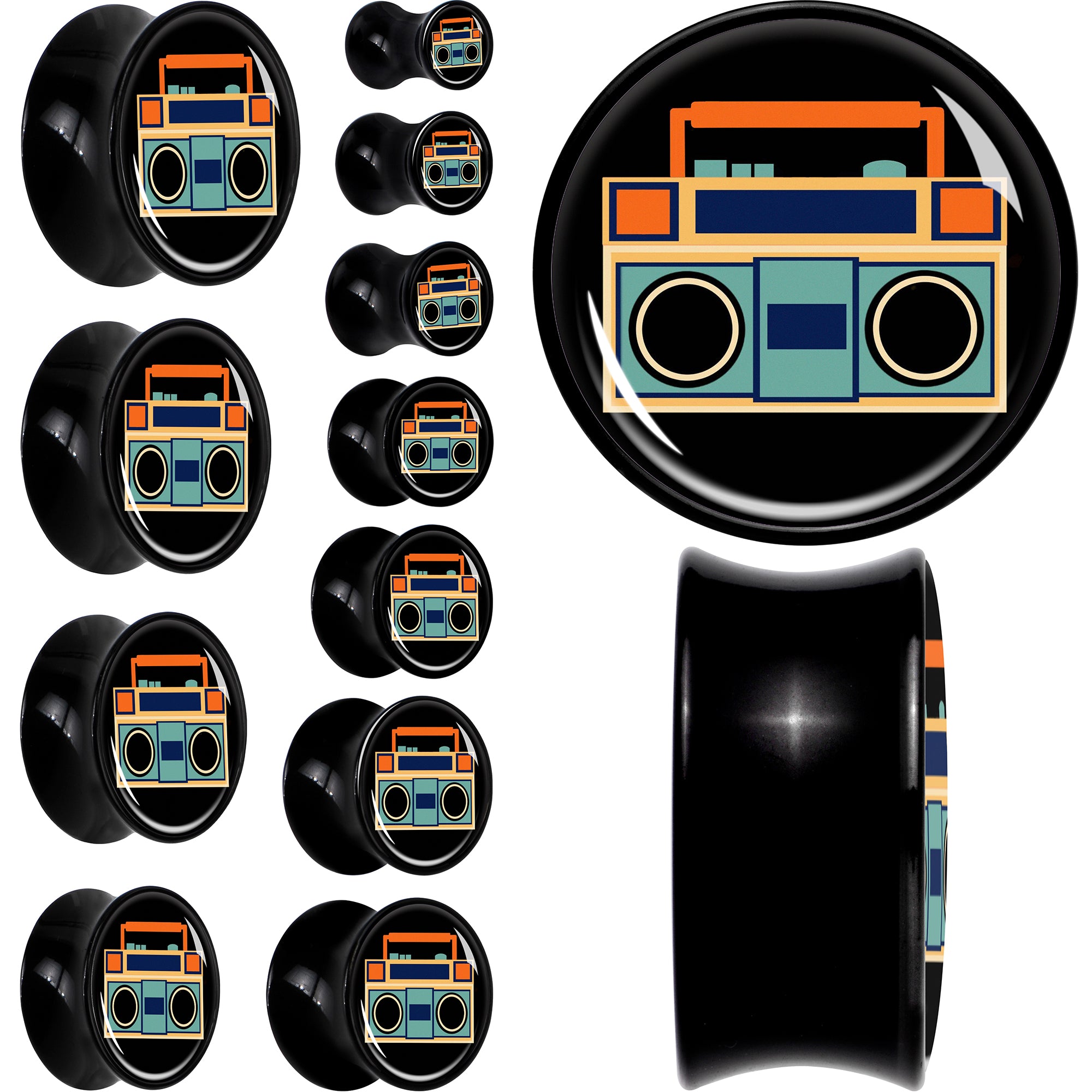 Black Acrylic Retro Boombox Double Flare Plug Set