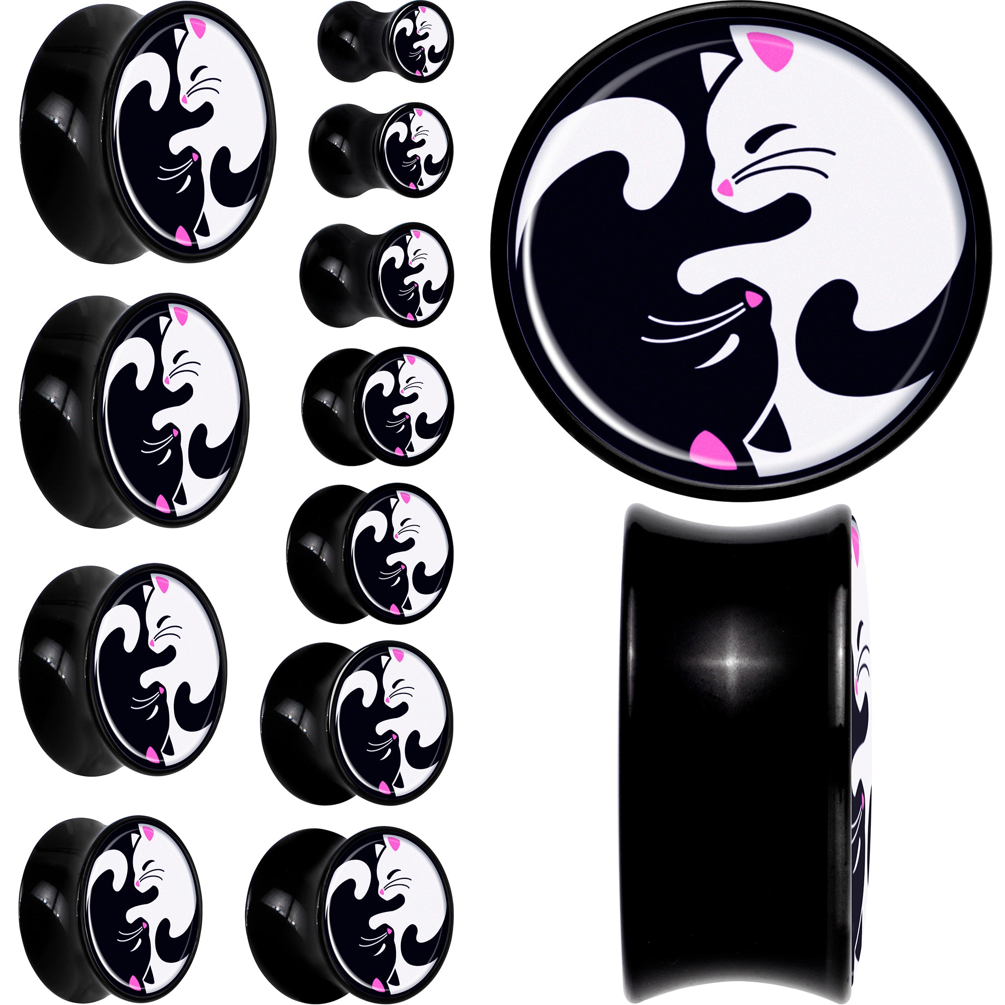 Black Acrylic Cute Kitty Cat Yin Yang Double Flare Plug Set