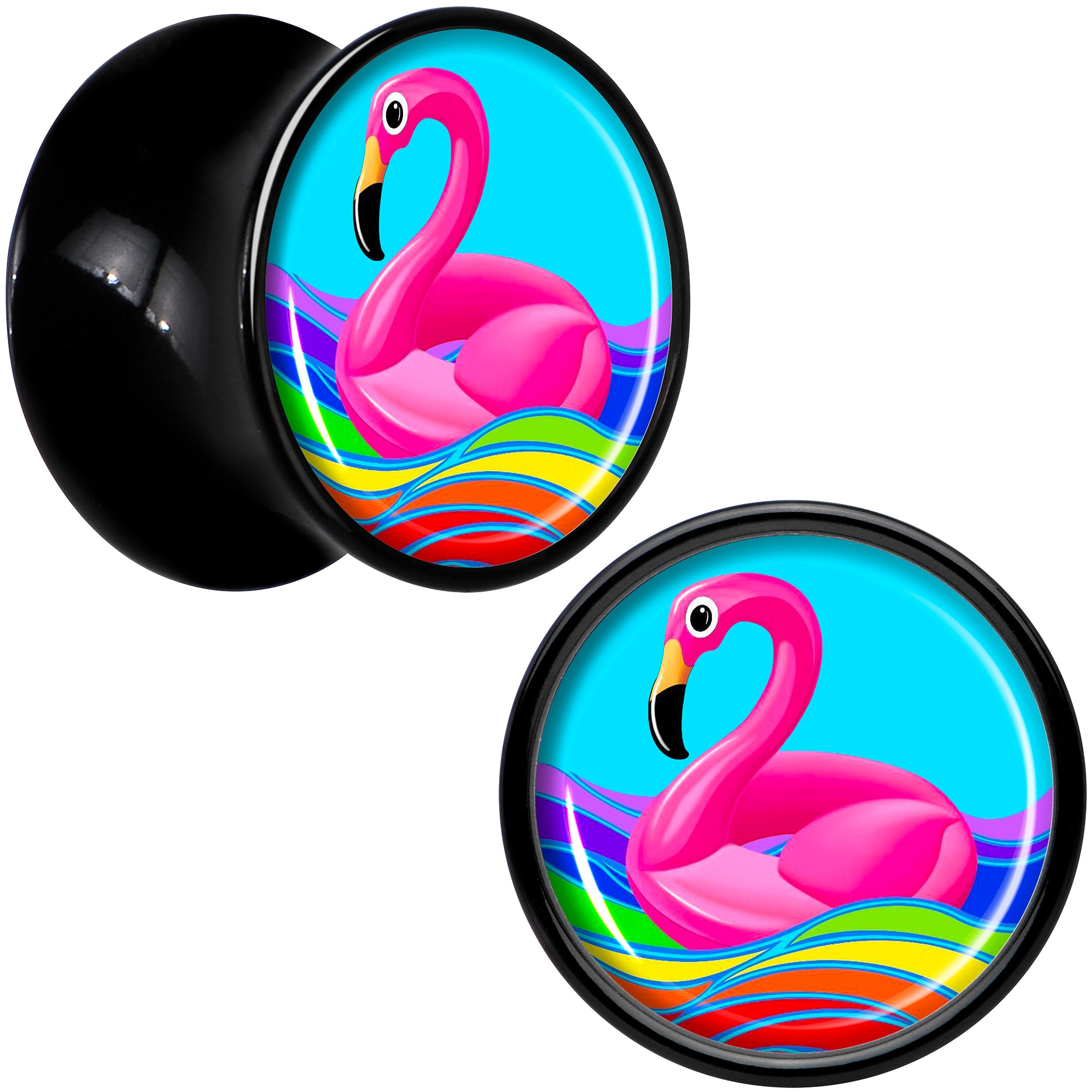 Black Acrylic Rainbow Sea Floating Flamingo Double Flare Plug Set